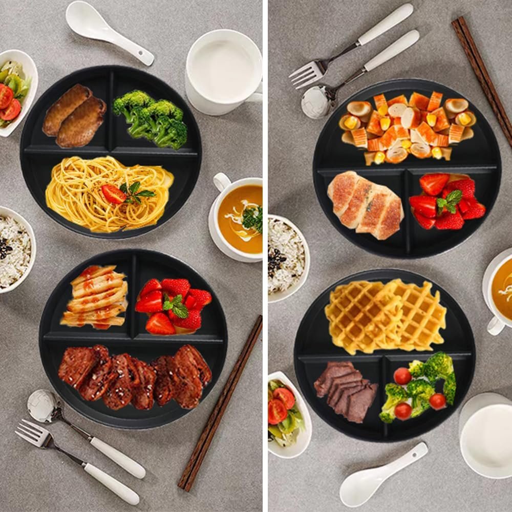 LRUUIDDE (5 Pack) Portion Control Plate for Balanced Eating, 9″ Unbreakable Divided Plates,3 Compartment Round Plates, Reusable Plastic Plates, BPA Free for Kids Adults Bariatric Diet (Black)