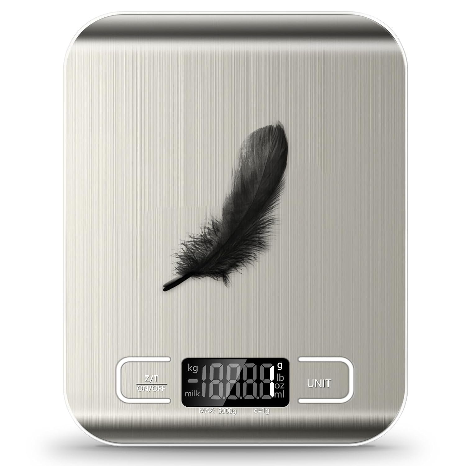 Food Scale, 11lb Kitchen Scale with 6 Units Tare Function & LCD Display, 0.05oz/1g Stainless Steel Digital Food Scale Grams and Ounces for Baking, Cooking, Dieting and Meal Prep (Batteries Included)