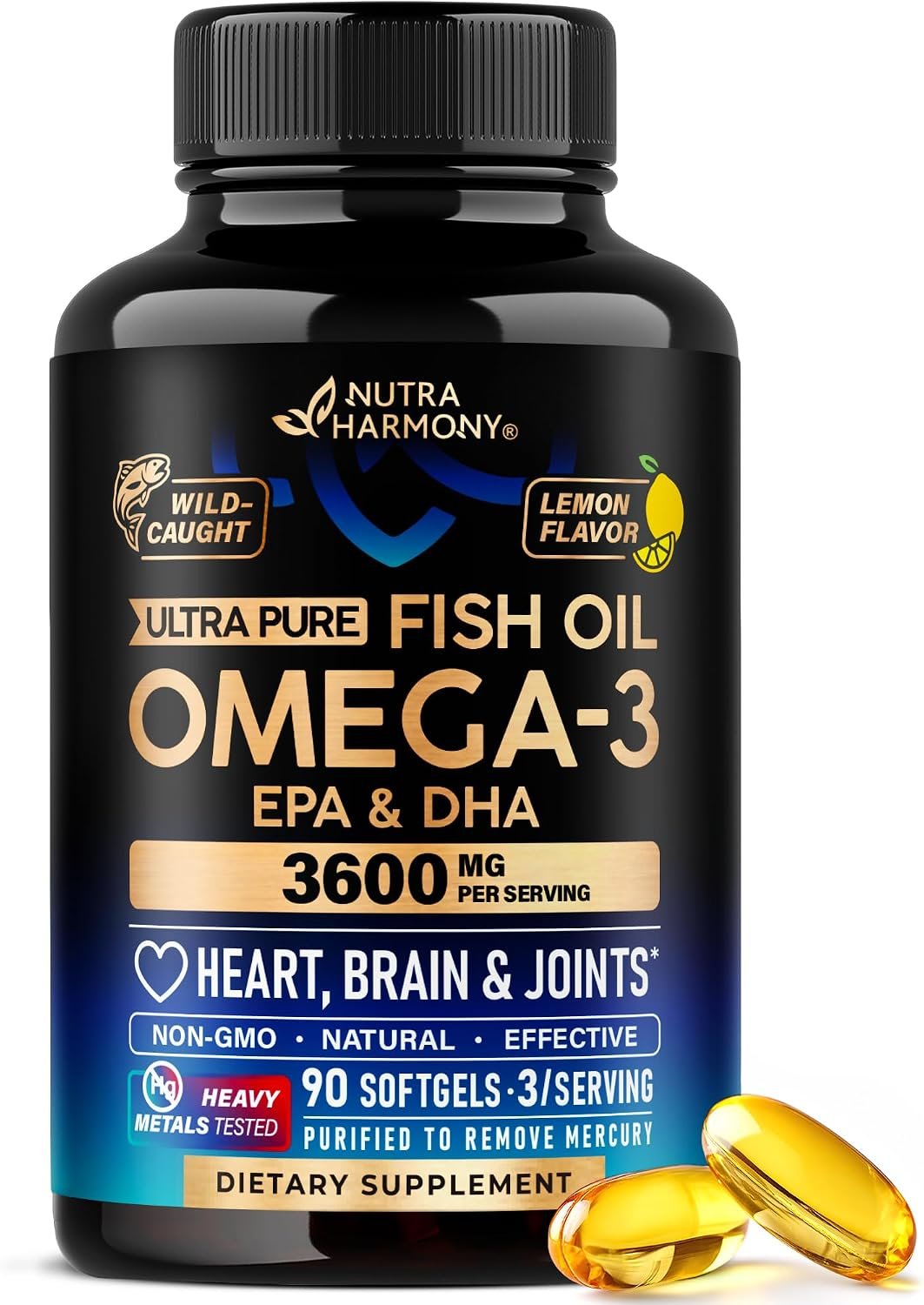 Omega 3 Fish Oil 3600 mg – Omega 3 Supplement for Women & Men – 90 Softgels