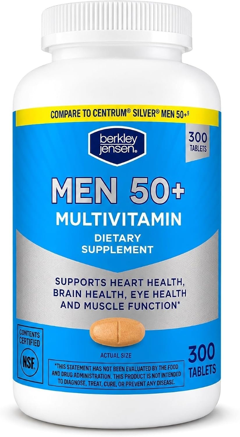 berkley jensen Men’s Multivitamin for Men 50 Plus, Multimineral Supplement with Vitamin D3, C, Zinc, B Vitamins, Supports Memory and Cognition in Older Adults, NSF Certified, 300 Count, 300 Day Supply