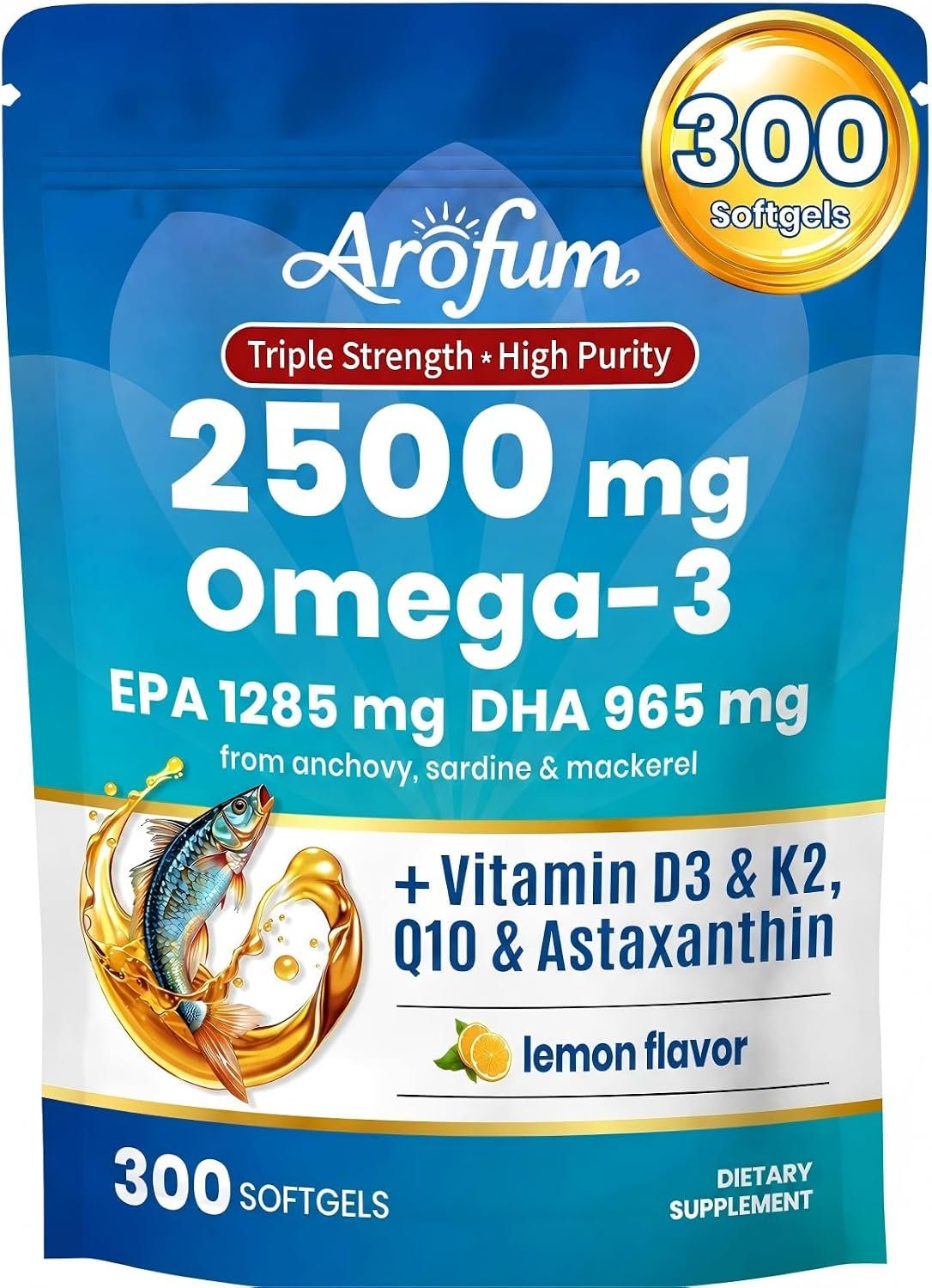 Omega-3 Fish Oil Supplement with Vitamin D3 K2, 300 Softgels, Lemon Flavor