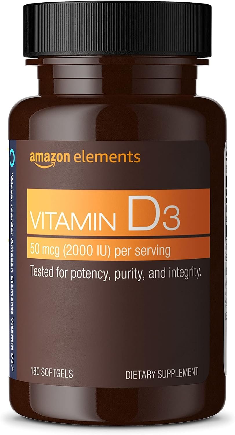 Amazon Elements – Vitamin D3, 2000 IU, 180 Softgels, 6 month supply (Packaging may vary), Supports Strong Bones and Immune Health