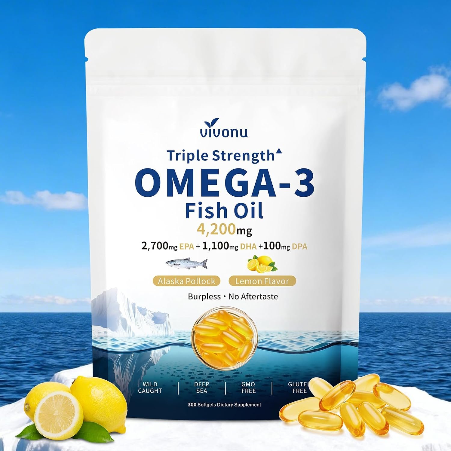VivoNu Triple Strength Fish Oil Omega 3 Supplements – 4200mg, 300 Softgels