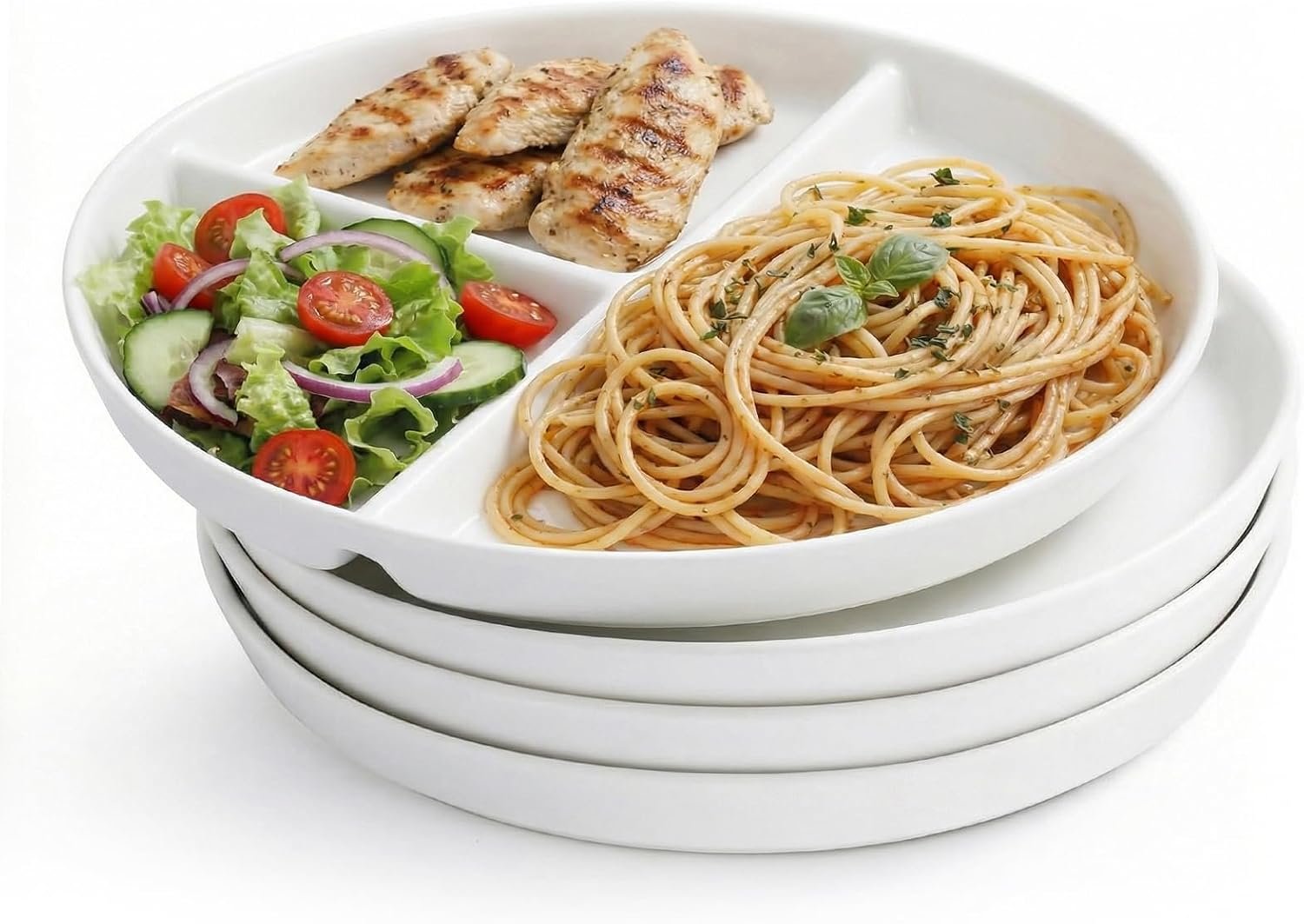 Ceramic Portion Control Plate Set of 4，9.5 Inch Divided Plates for Adults Kids，Reusable Bariatric Plate，3 Compartment Plates，Microwave Dishwasher Safe，White