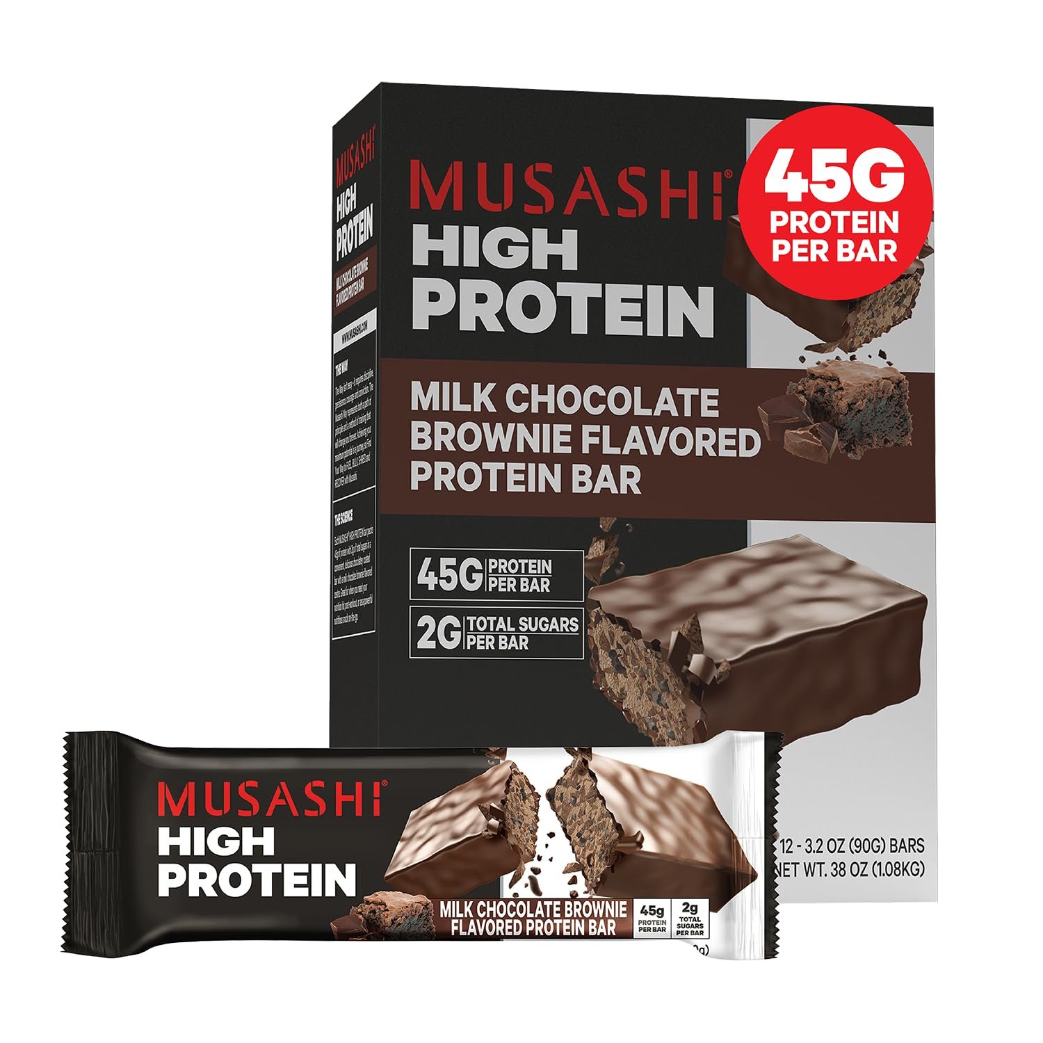 MUSASHI High Protein Bar, 45g Protein, Milk Chocolate Brownie