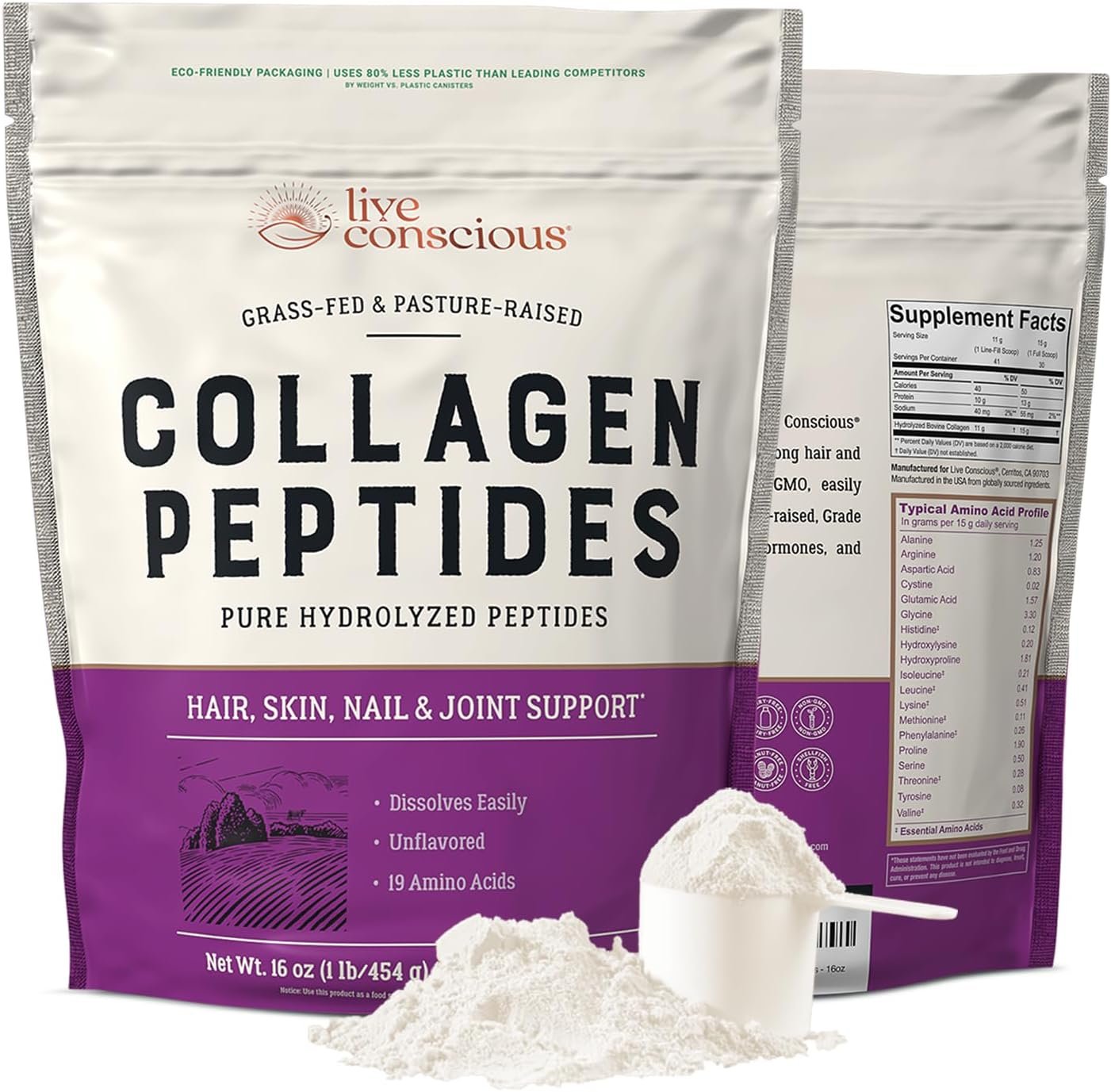 Live Conscious Collagen Peptides Powder – Naturally-Sourced Hydrolyzed Collagen Powder – Hair, Skin, Nail, and Joint Support – Type I & III Grass-Fed Collagen Supplements for Women and Men – 16oz