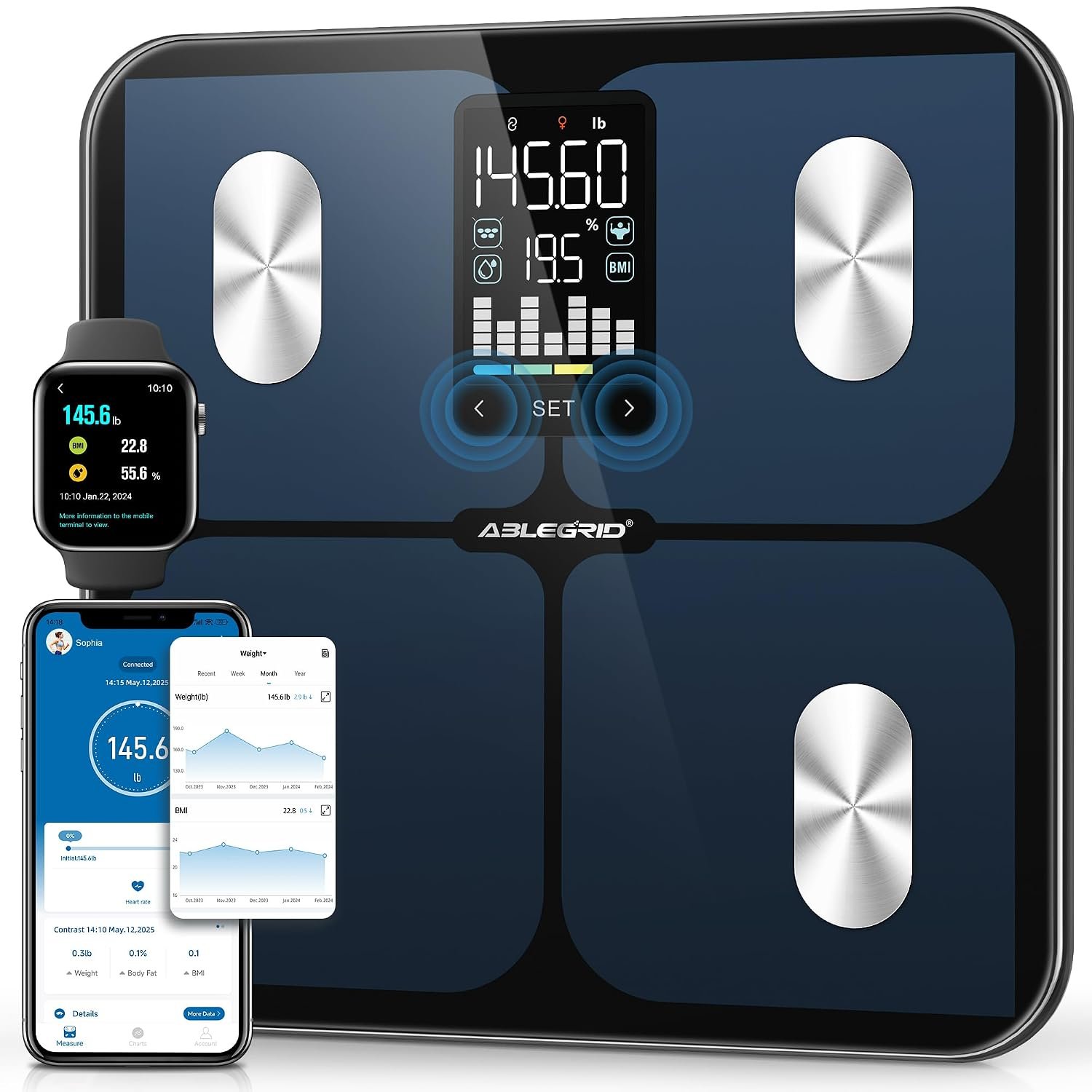 ABLEGRID Smart Bathroom Scale for Body Weight and Fat, APP-Free Mode