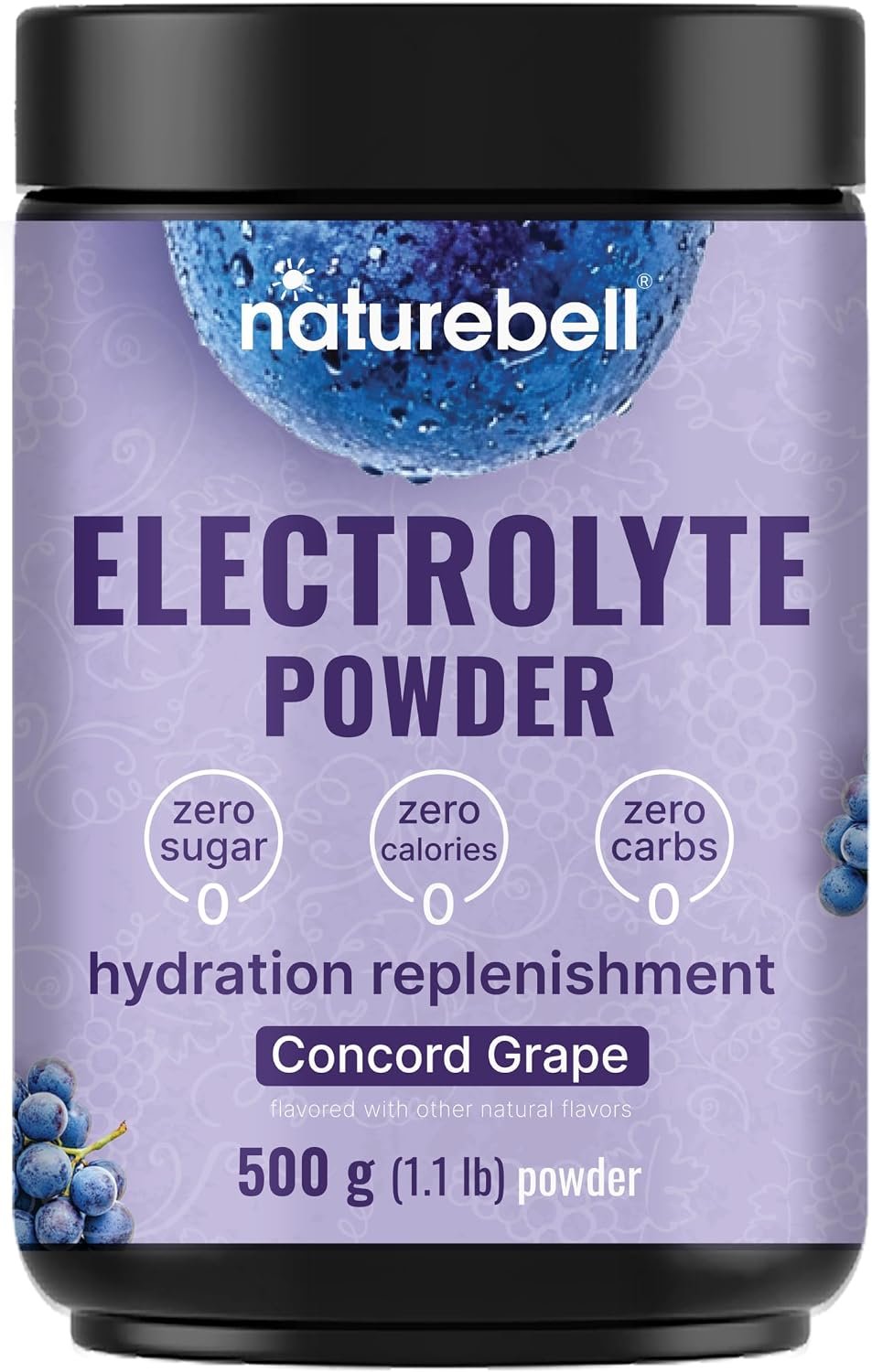 NatureBell Electrolytes Powder No Sugar, 500g (76 Servings) | Keto Fast Hydration Powder, Carnivore-Friendly Electrolyte – 1,000mg High Potassium, Minerals, & Coconut Water – Concord Grape Flavor