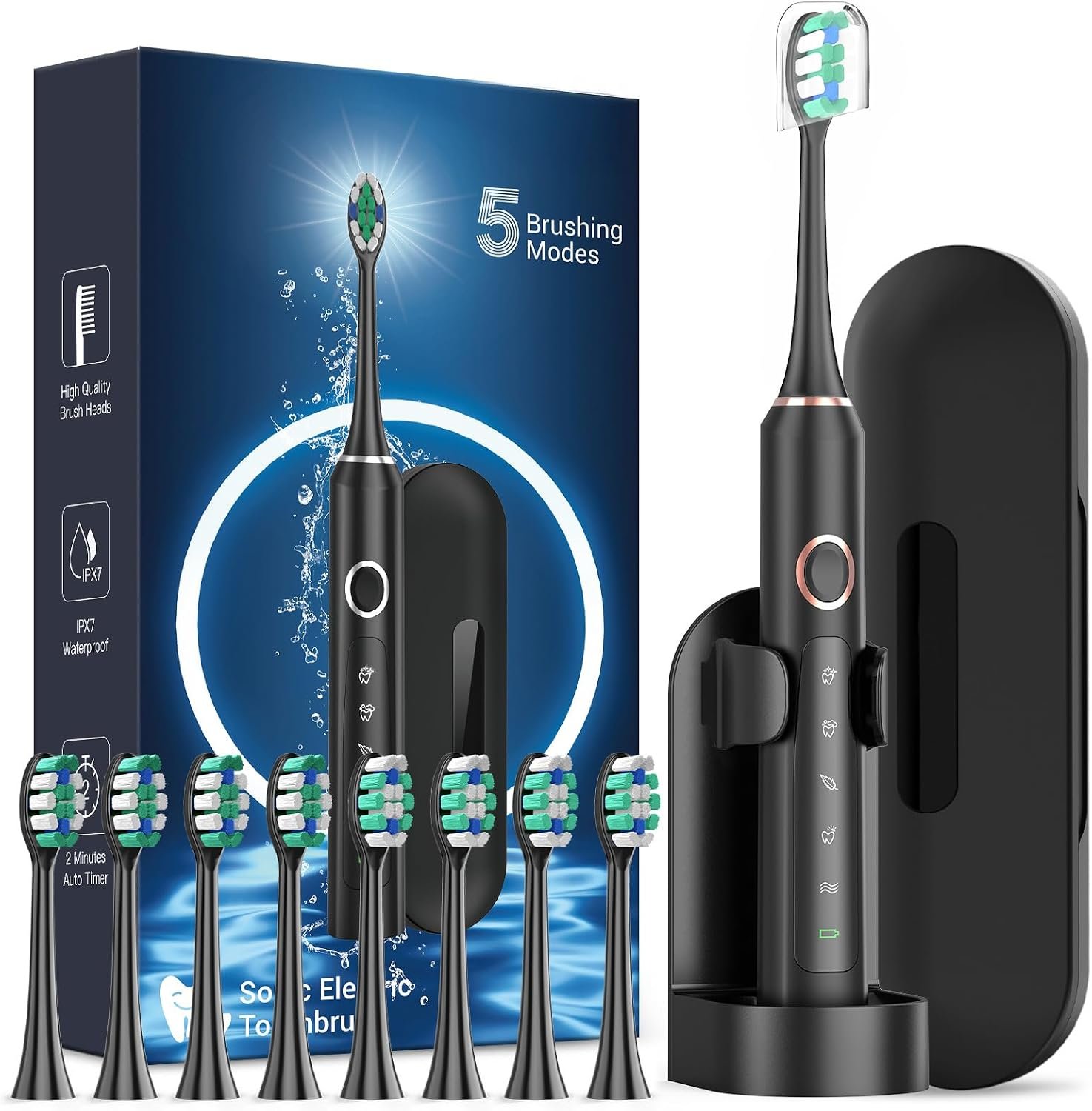 Sonic Electric Toothbrush for Adults – Rechargeable Electric Toothbrush with 8 Brush Heads & Travel Case,Teeth Whitening, Power Electric Toothbrush with Holder, 3Hours Charge for 120 Days – Black