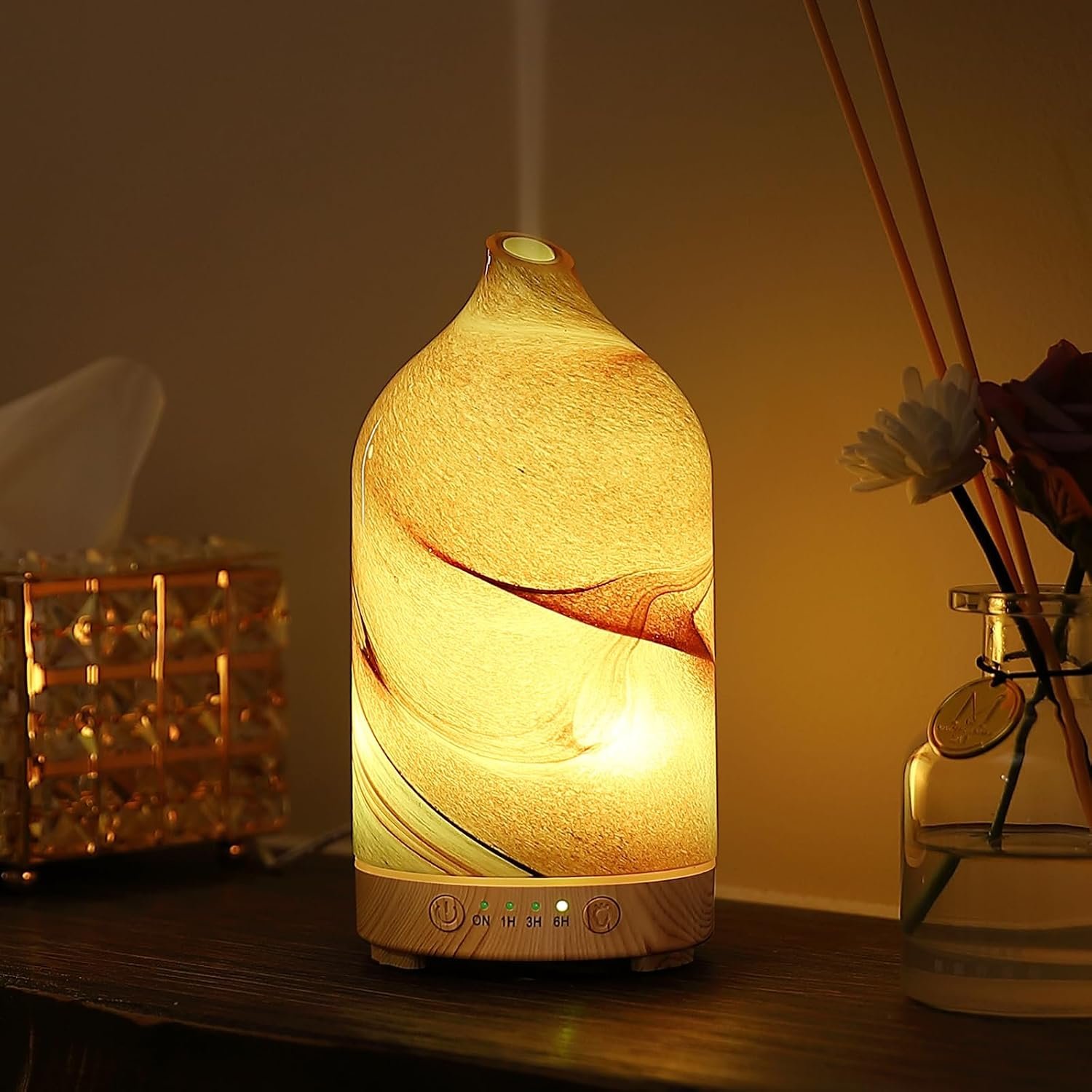 Essential Oil Diffuser Hand Blown Glass Aromatherapy Diffuser – Ultrasonic Cool Mist Scent Aroma Diffuser, Whisper Quiet with Auto Shut-Off, Timer Setting &7 Colors Night Light for Home