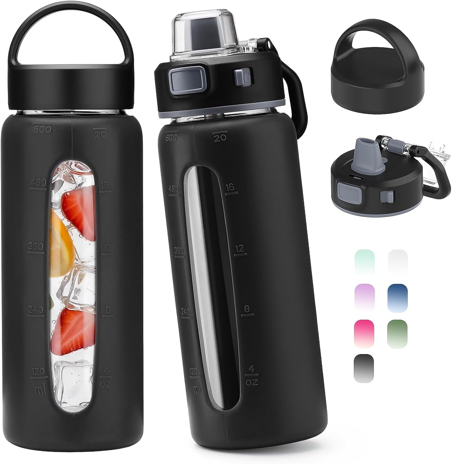 Kodrine 20oz Glass Water Bottle with Straw and 2 Lids Leakproof, Black