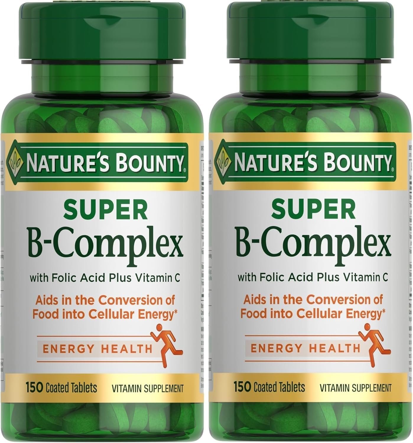 Nature’s Bounty Super B Complex with Vitamin C & Folic Acid, Immune & Energy Support, 150 Tablets – Pack of 2