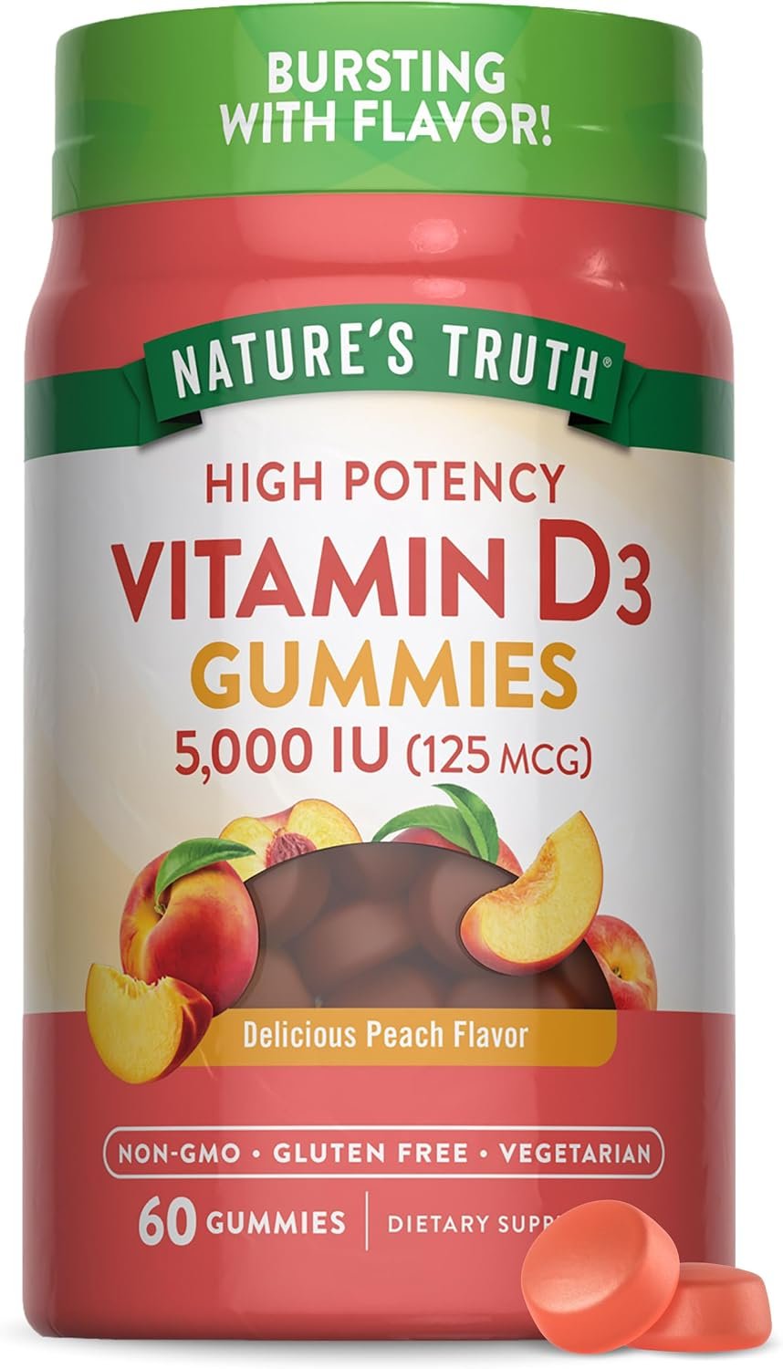 Nature’s Truth Vitamin D3 Gummies | 5000 IU | 60 Count | Peach Flavor