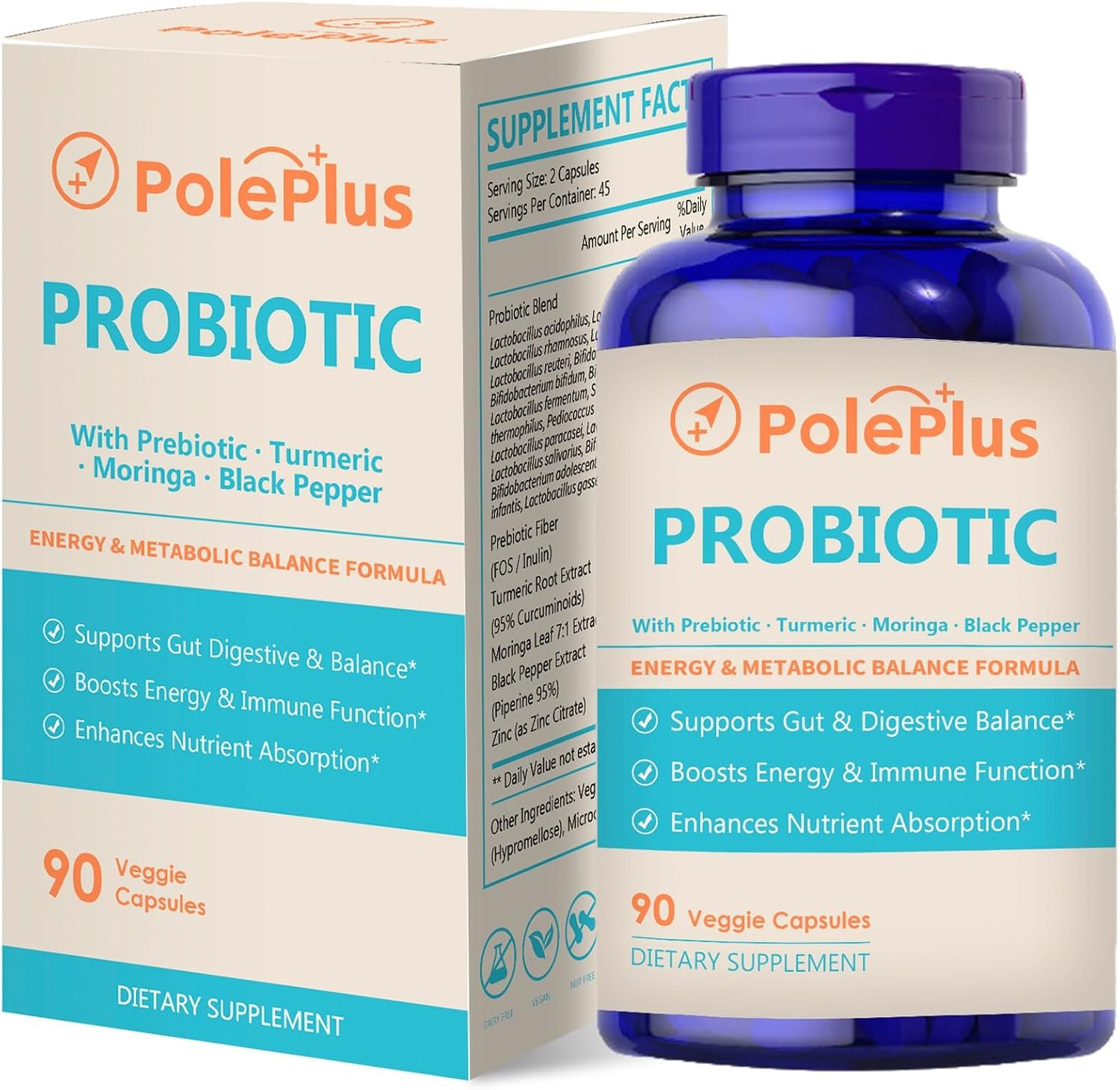 Probiotic Supplement for Women & Men, 4 Billion CFU Digestive Support with Prebiotic Fiber, Turmeric Root Extract, Moringa Leaf & Black Pepper, Non-GMO, 90 Vegan Capsules
