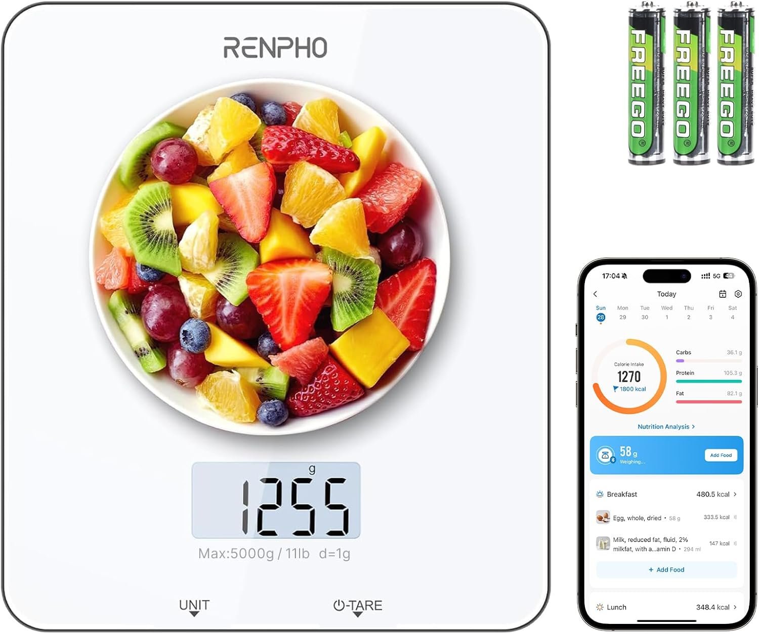 RENPHO Smart Food Scale with Nutritional Calculator, Bluetooth App, 11lbs