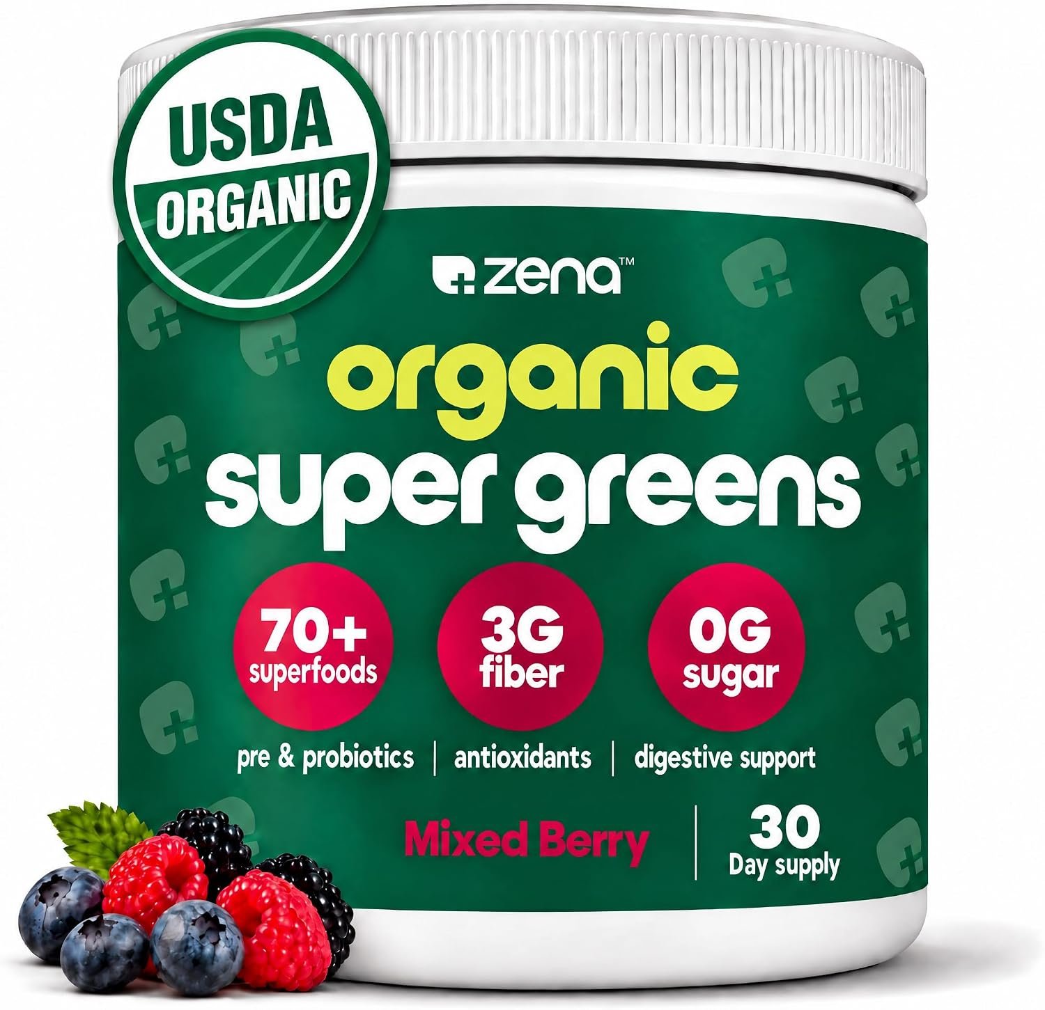 Zena Nutrition Organic Super Greens Powder, 70+ Superfoods, 0 Sugar, 3G Fiber, Spirulina, Chlorella, Antioxidants, Prebiotics/Probiotics, Digestive Enzymes, Mixed Berry, 30 Servings