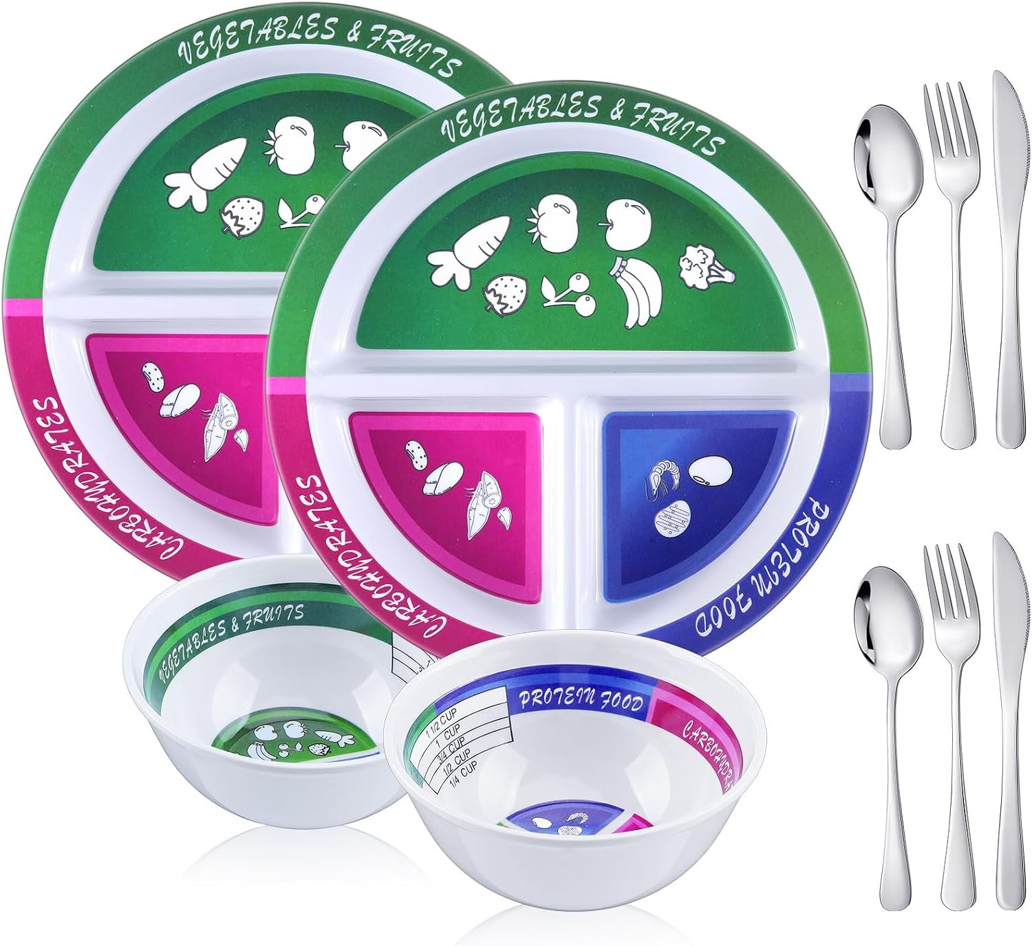 Portion Control Plates Bowls with Silverware, 8.5 Inch Bariatric