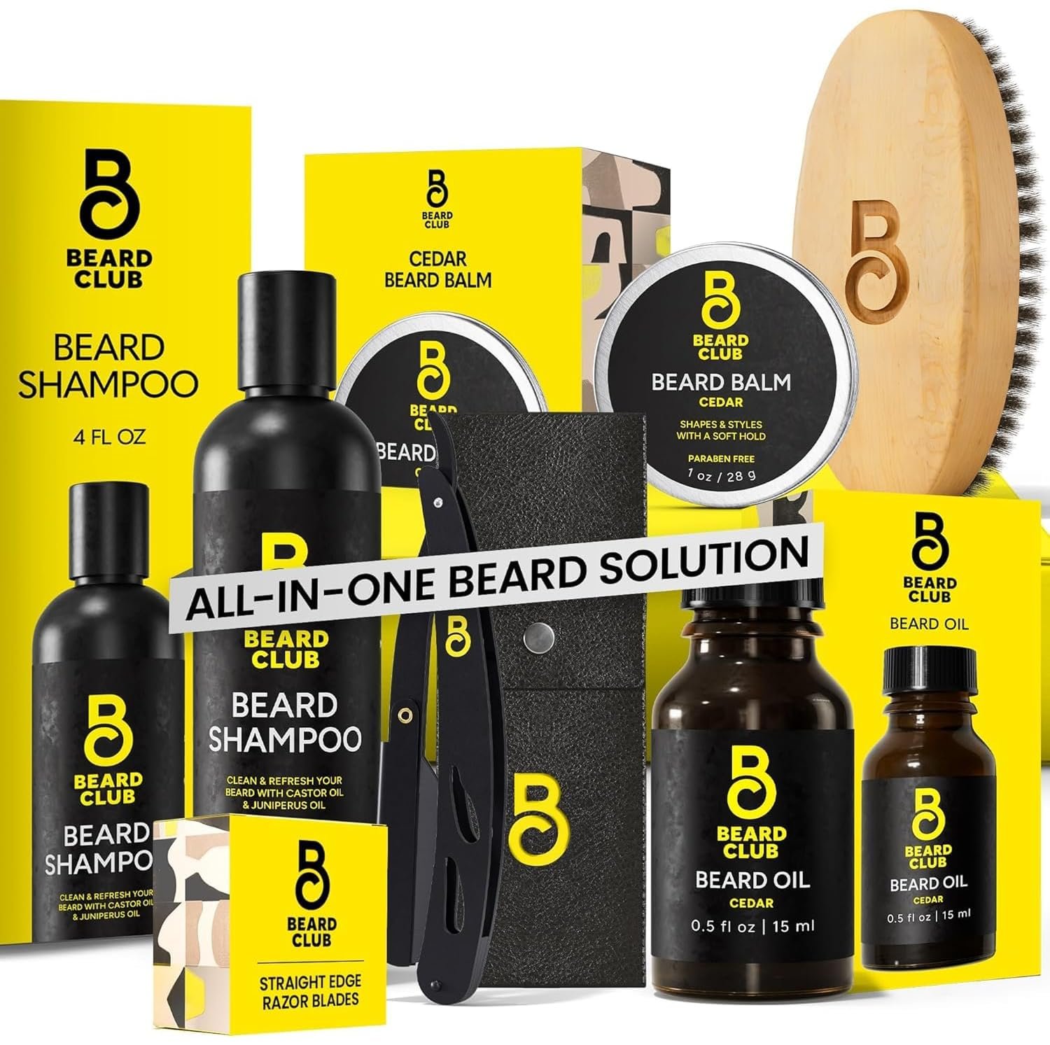 The Beard Club Beard Care Kit & Mens Grooming Kit – Essentials for a Healthier Looking, Stylish Facial Hair – Straight Edge Razor, Shampoo, Cedar Balm & Oil, and Boar Bristle Brush