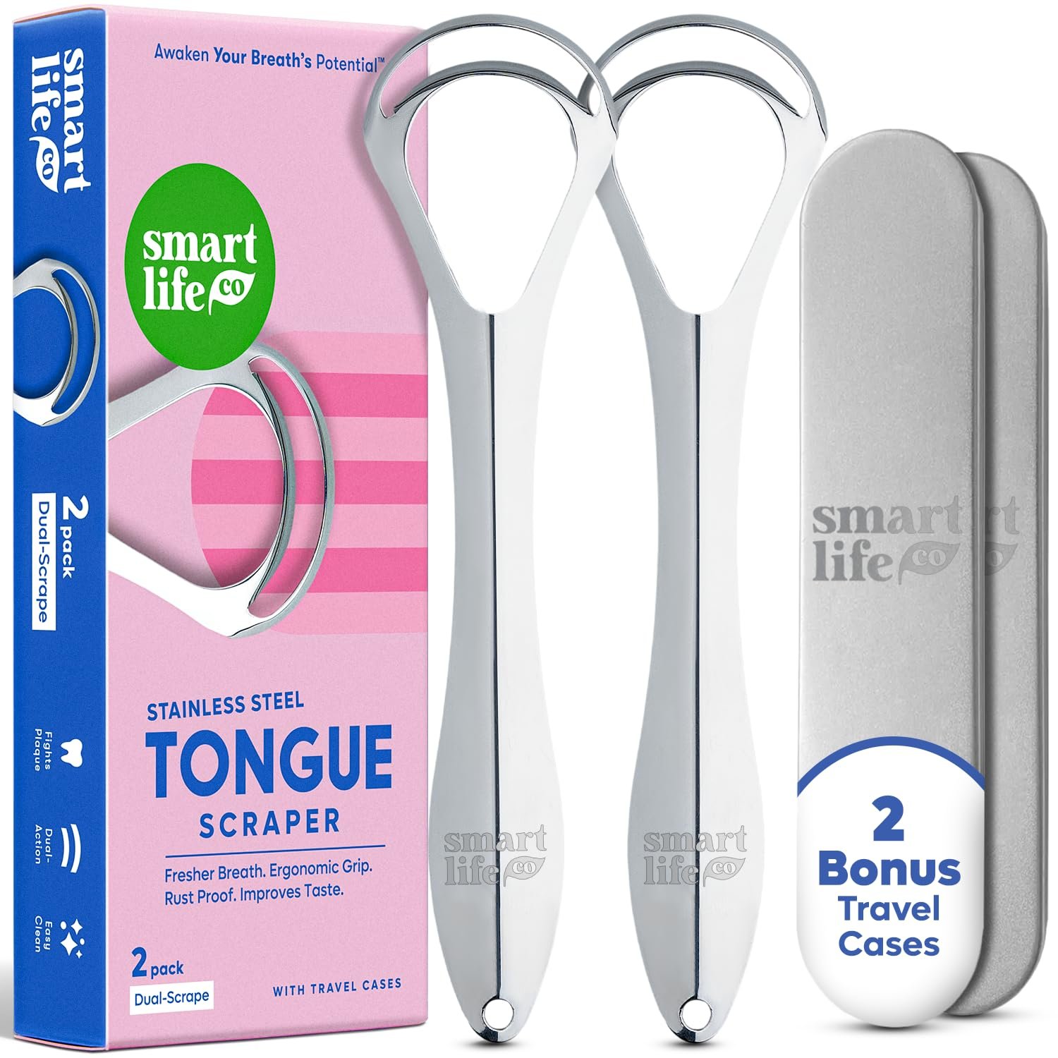 Tongue Scraper For Adults – Dual Head Stainless Steel Tongue Cleaner Travel Metal Case | Bad Breath Mouth Treatment | Best Disposable Metal Plastic-Free Scrubber | Oral Care Hygiene Essential Kit, 2pk