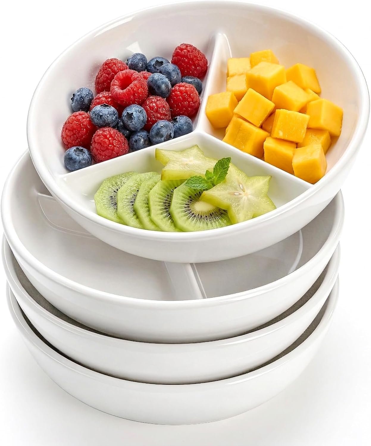 Okllen 4 Pack Ceramic Portion Control Plates with 3 Compartments, 6 Inch Divided Bariatric Plates for Adults, Perfect for Weight Loss & Healthy Meal Prep, Microwave & Dishwasher Safe, White