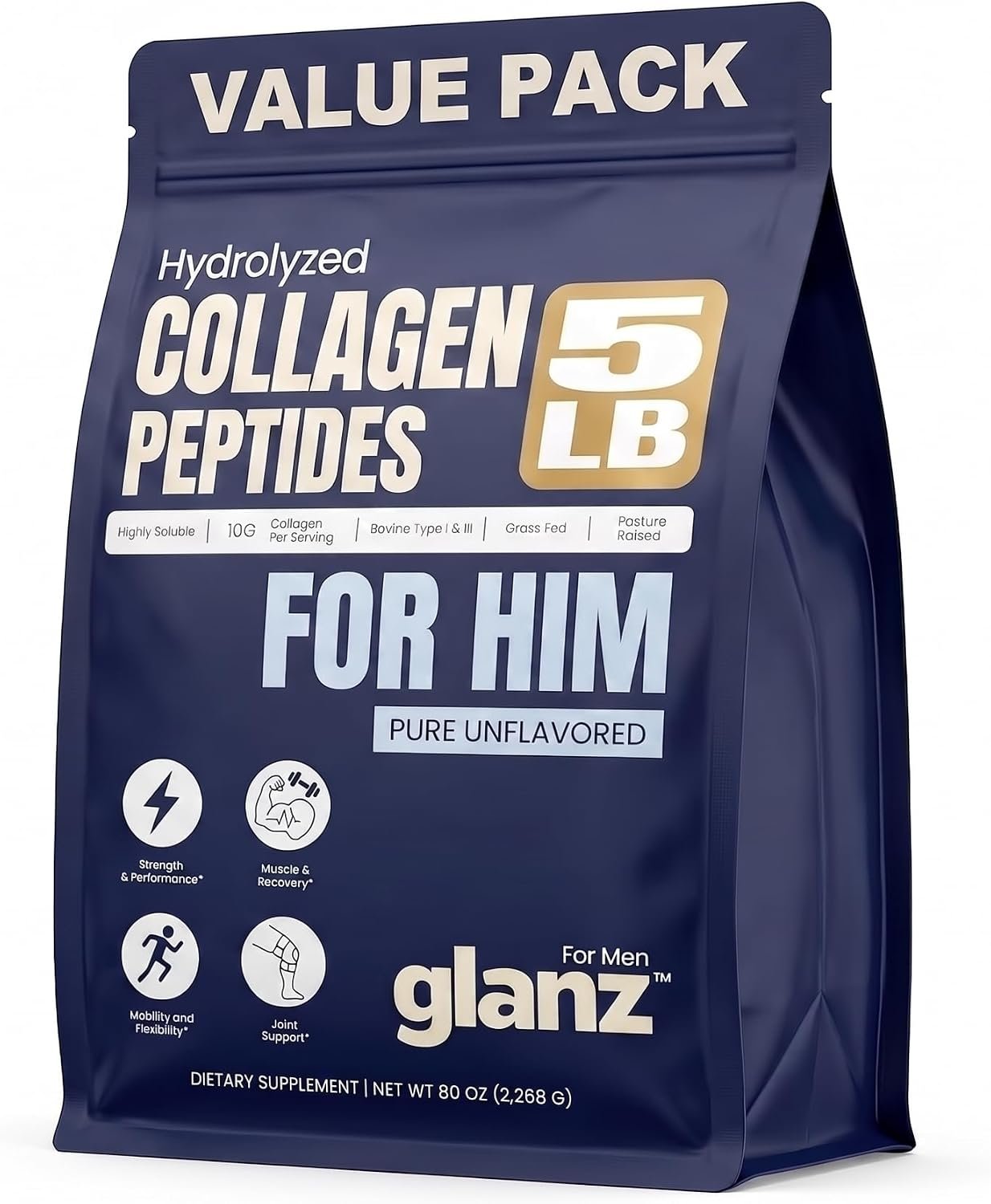 GLANZ Collagen Peptides for Men, Hydrolyzed Powder, Unflavored, 5 lb