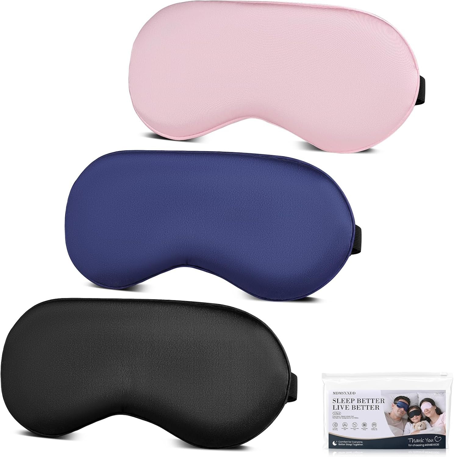 3 Pack Sleep Mask for Sleeping, Silk-Like Soft Eye Mask for Women & Men, Blackout Blindfold with Breathable Fabric, Adjustable Strap, Comfortable Eye Cover for Travel, Home & Relaxation