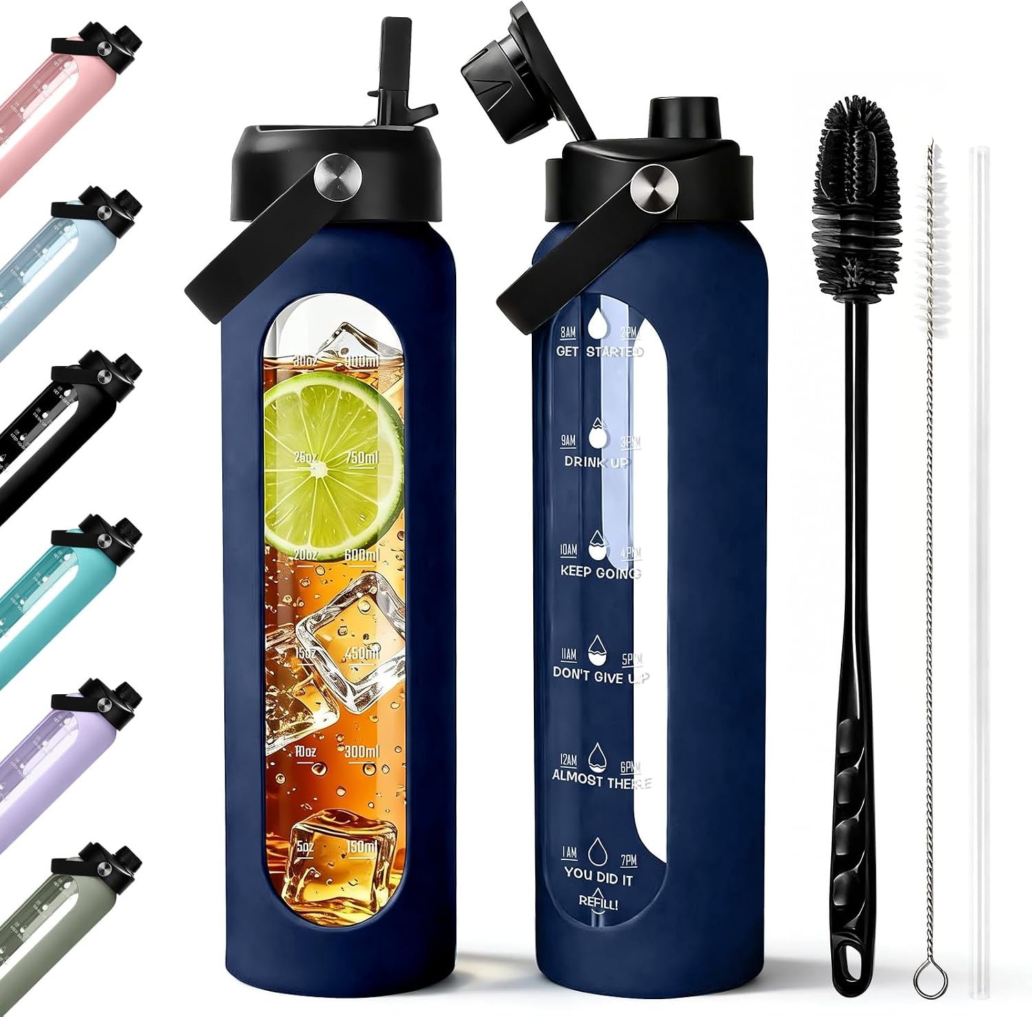 Aqulea 32 oz Glass Water Bottle with 2 Lids – Spout & Straw Lids, 1L Motivational Borosilicate Glass Water Bottle with Time Marker & Silicone Sleeve, Leakproof (Blue)
