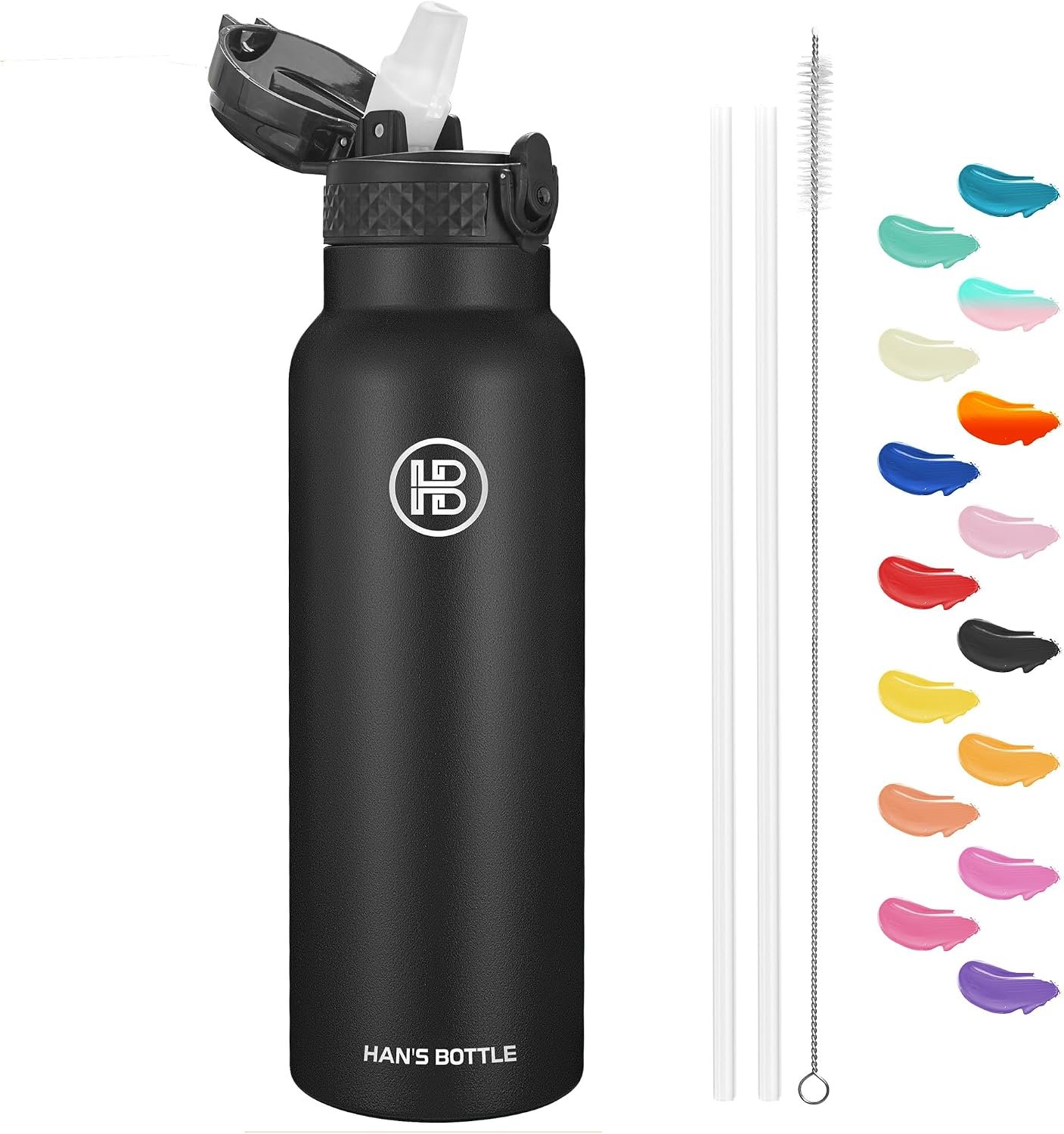 Han’s Bottle Sports Water Bottle – 24 Oz, Straw Lid, Leak Proof, Vacuum Insulated Stainless Steel, Double Walled, Thermo Mug,Black