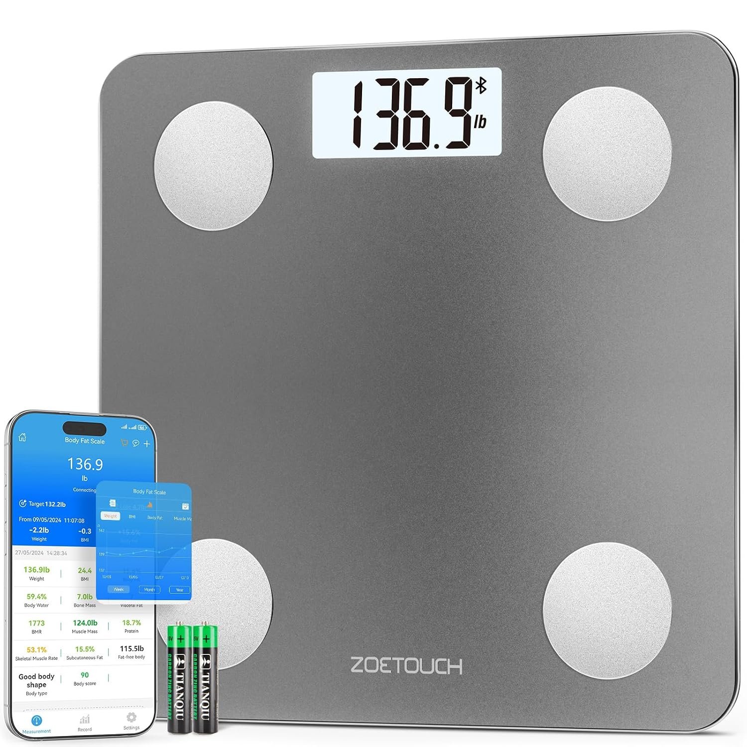 ZOETOUCH Smart Bathroom Scale for Body Weight and Fat, BMI, Digital
