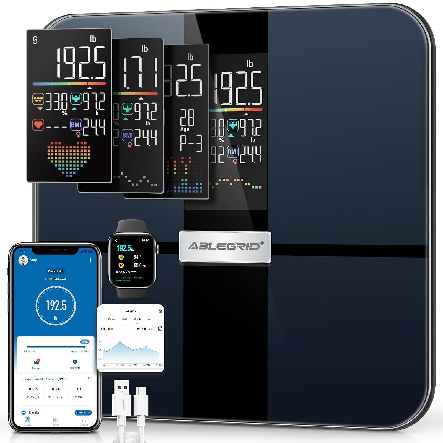 ABLEGRID Smart Bathroom Scale for Body Weight and Fat, Rechargeable