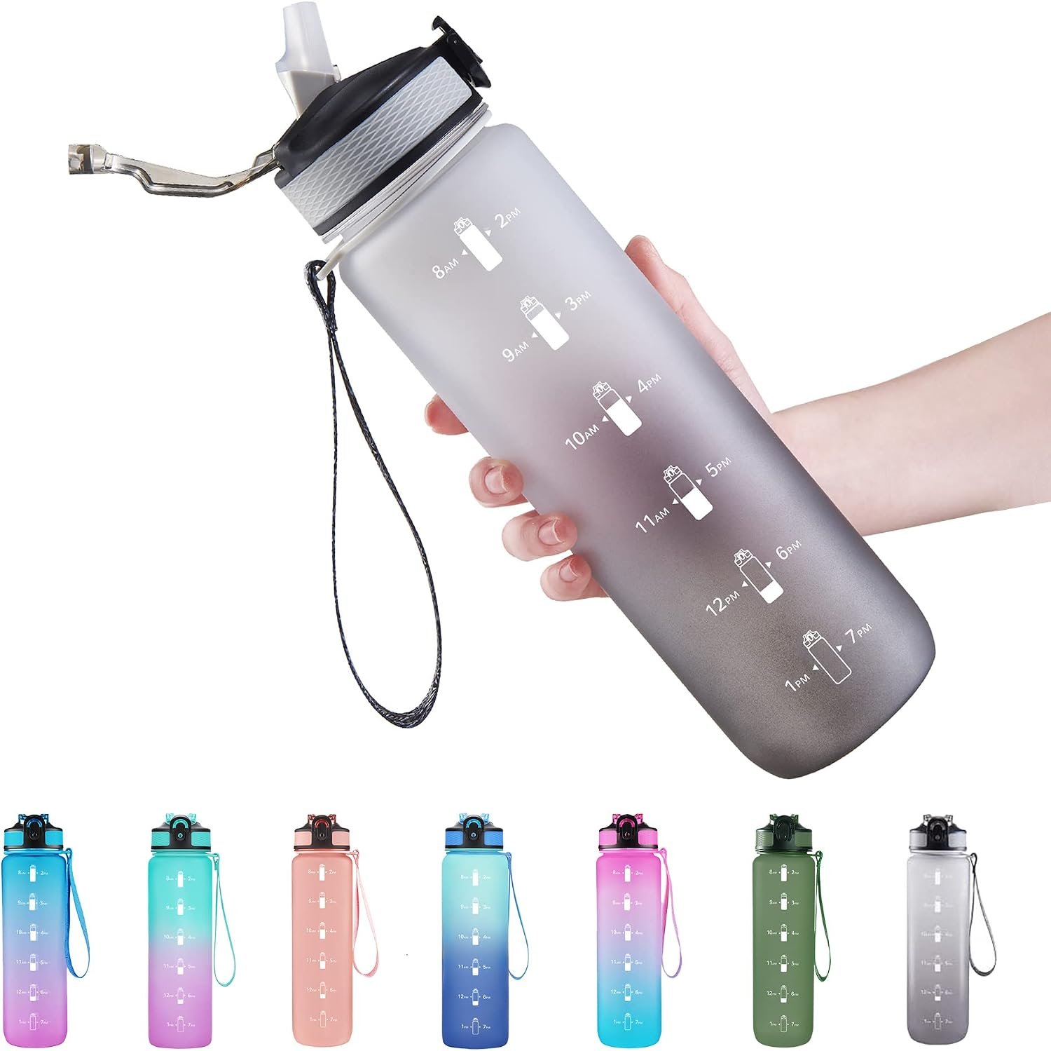 EYQ 32oz Water Bottle with Straw, Sports Bottle with Time Marker