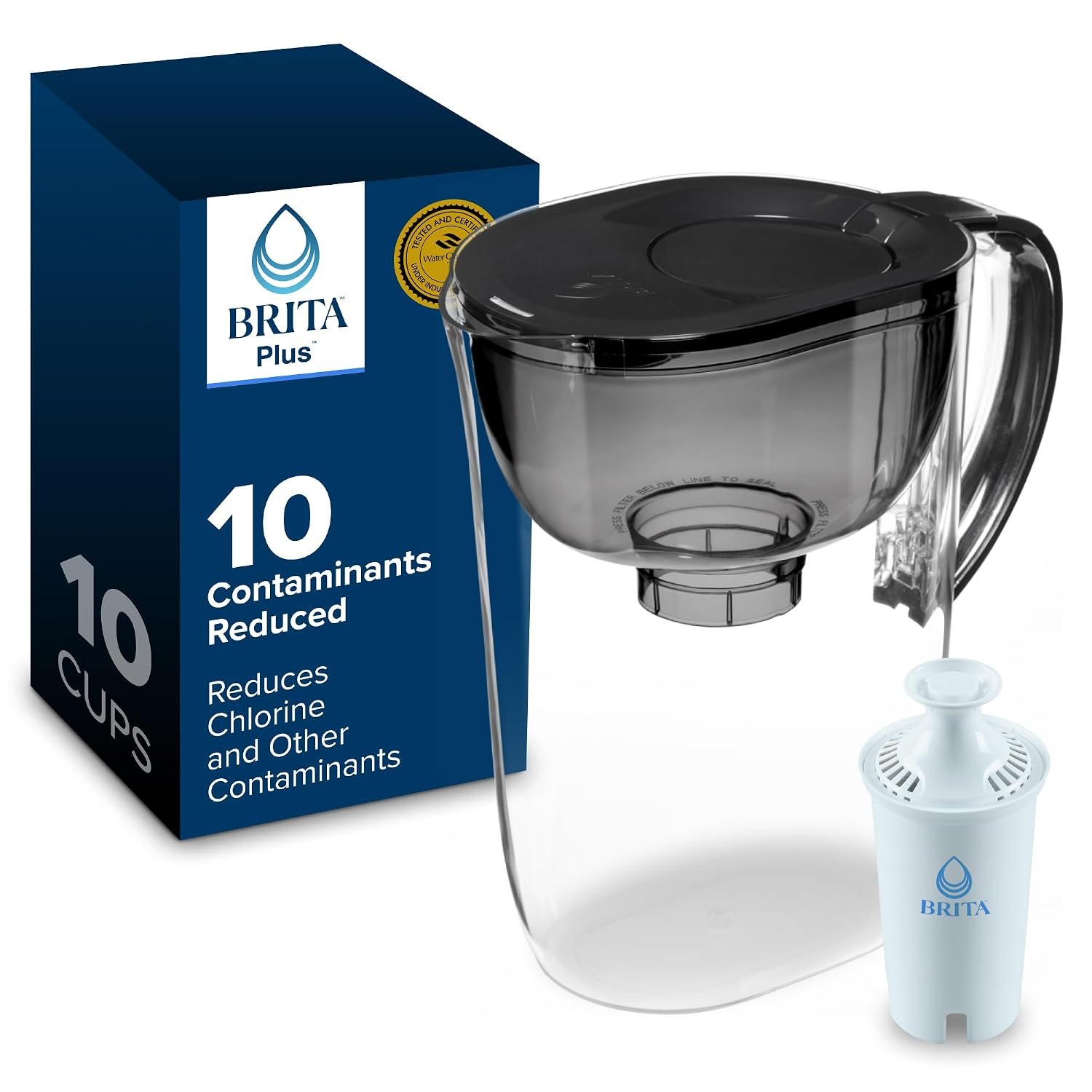Brita Large 10 Cup Water Filter Pitcher, 1 BritaPlus Filter, Metro, Black