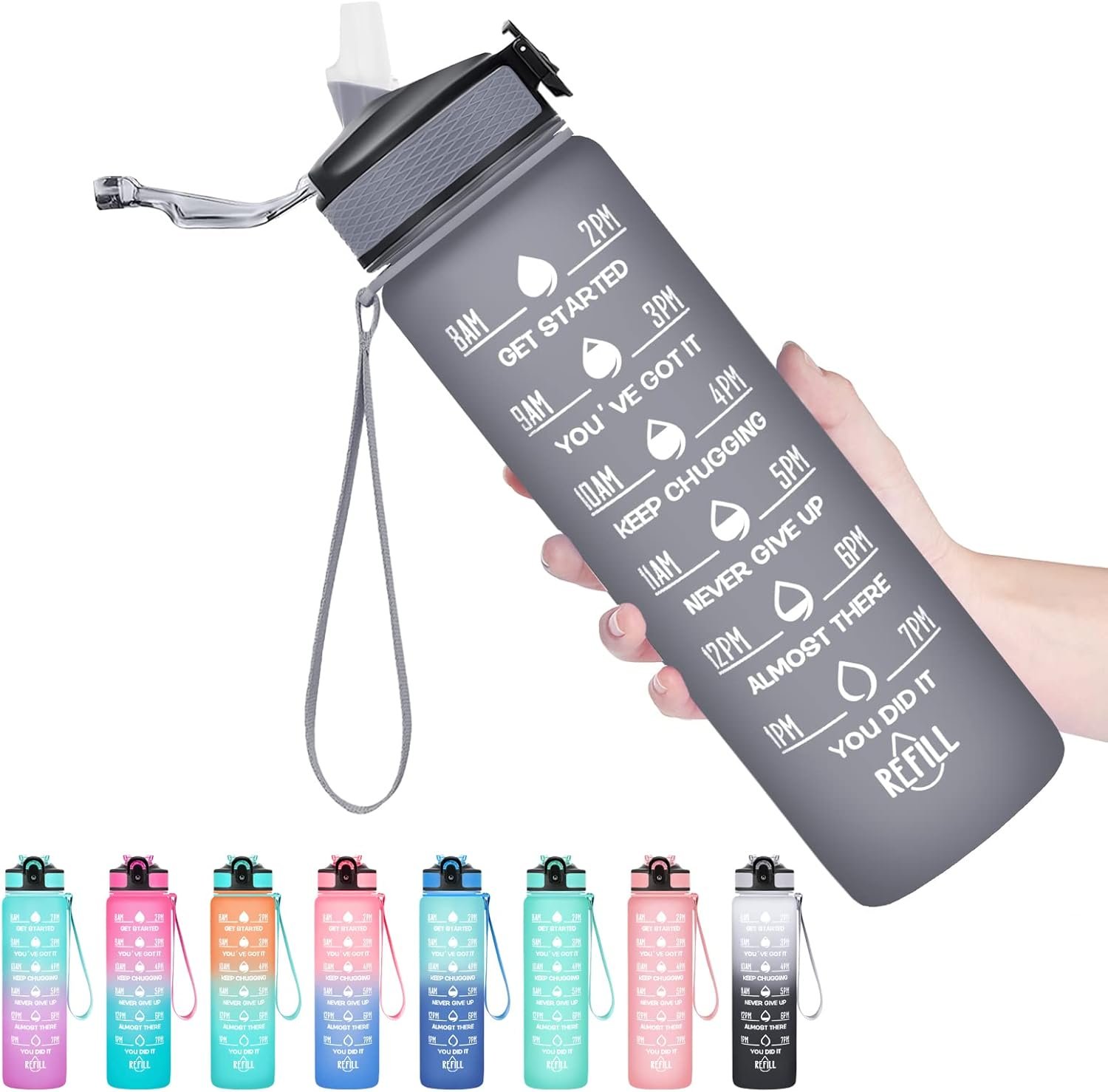 Hyeta Water Bottle with Straw & Time Marker, Plastic 32oz Leakproof
