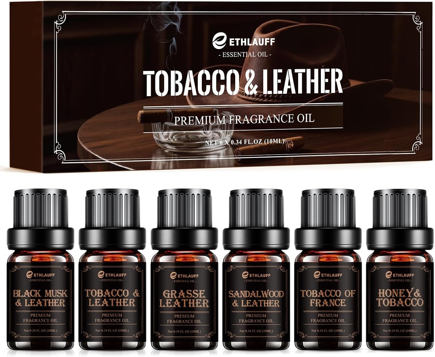 Men Essential Oils Set, Premium Fragrance Oils for Diffusers for Home – | Leather, Sandalwood, Cologne, Smoke Tobacco Scents, Candles & Aromatherapy Gifts for Him