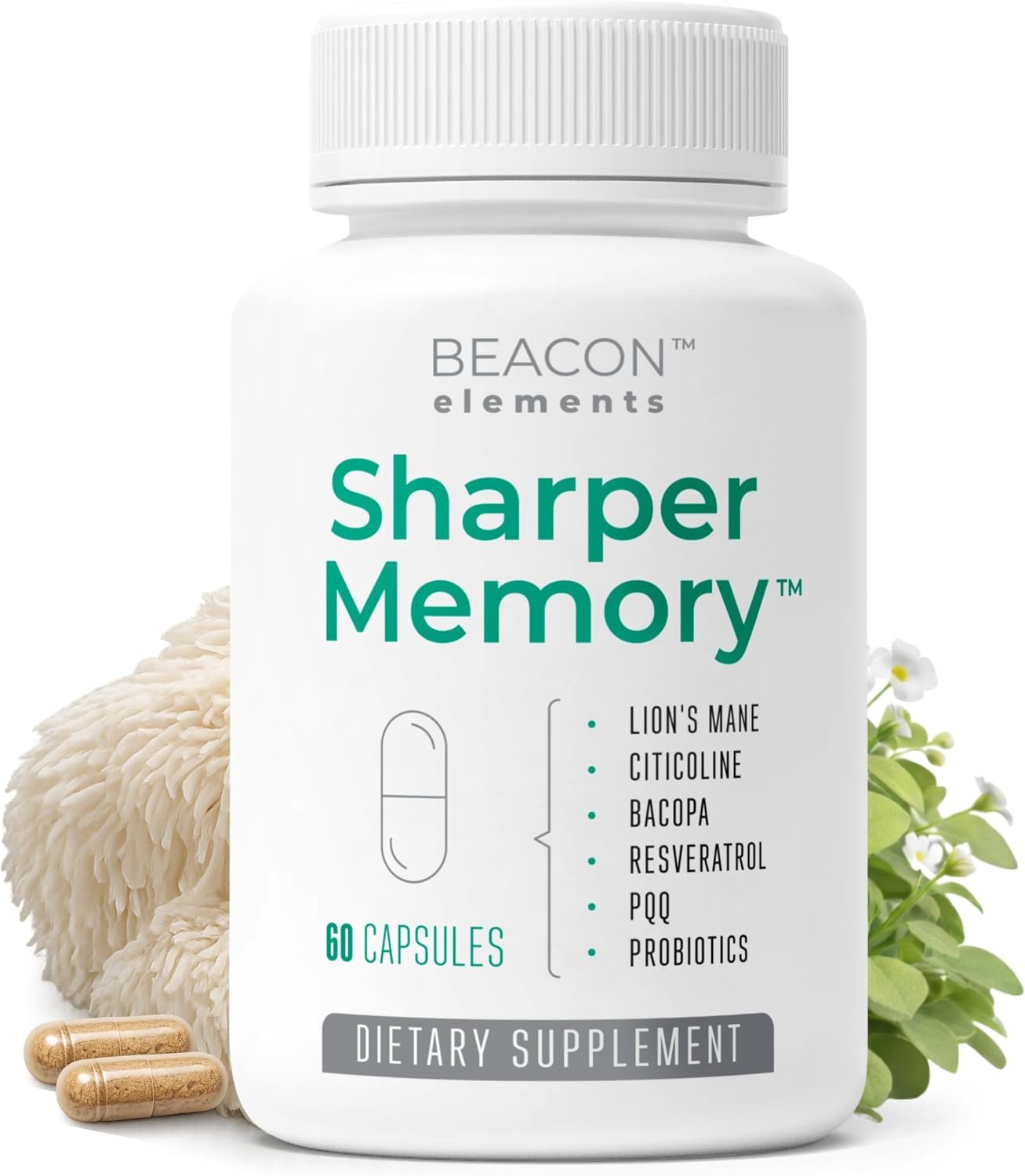 Sharper Memory™ Brain Supplement for Memory & Focus | Nootropic Formula for Brain Wellness with Lion’s Mane, Citicoline, Bacopa, PQQ, Resveratrol & Probiotics | 60 Capsules