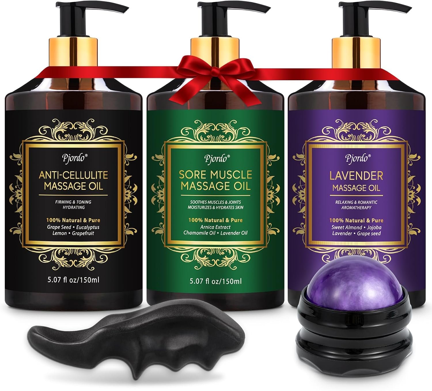 Pjordo 3 Pack Massage Oil for Massage Therapy, Lavender Oil for Relaxation, Sore Muscle Arnica Oil & Cellulite Massage Oil, with Massage Roller Ball & Thumb Saver Tool, Massage Kit for Him Her