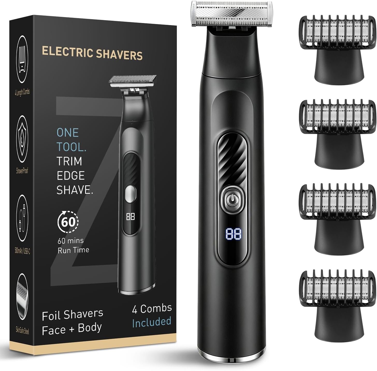Men’s Electric Shaver, Single‑Blade Design Painless Beard & Body Trimmer Groomer, IPX7 Waterproof Dual‑Sided Blades, LED Display, USB‑C Fast Charging All‑in‑One Blade Shaving Kit,Black
