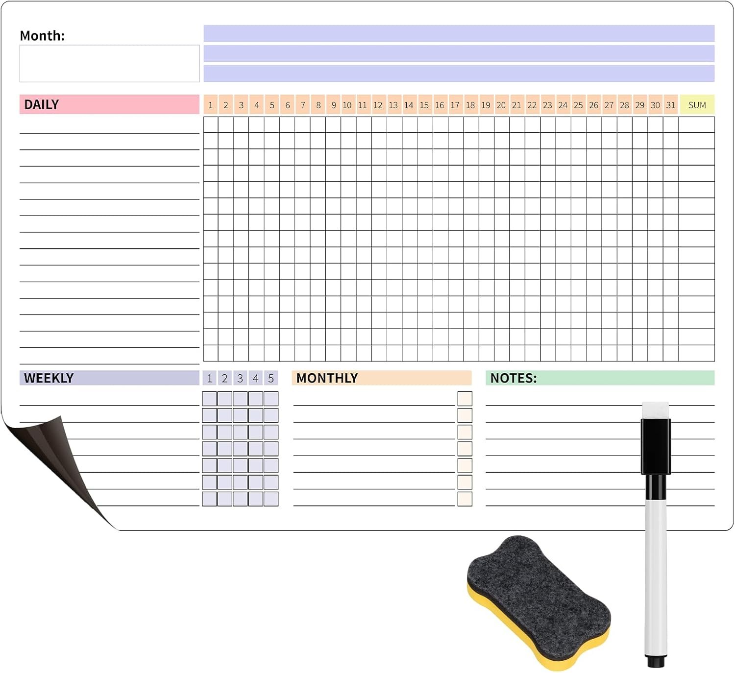 Habit Tracker Calendar Magnetic Whiteboard for Refrigerator Daily Weekly and Monthly Goal and Habit Tracker Motivational Goal & Planner Journal (Color)