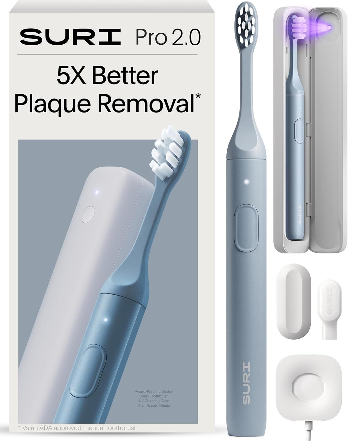 SURI Pro Sonic Electric Toothbrush | Over 4+ Weeks Battery | UV Cleaning Travel Case | Pressure Sensor | Aluminium Body | 2-Minute Timer | Plant-Based Head | Blue