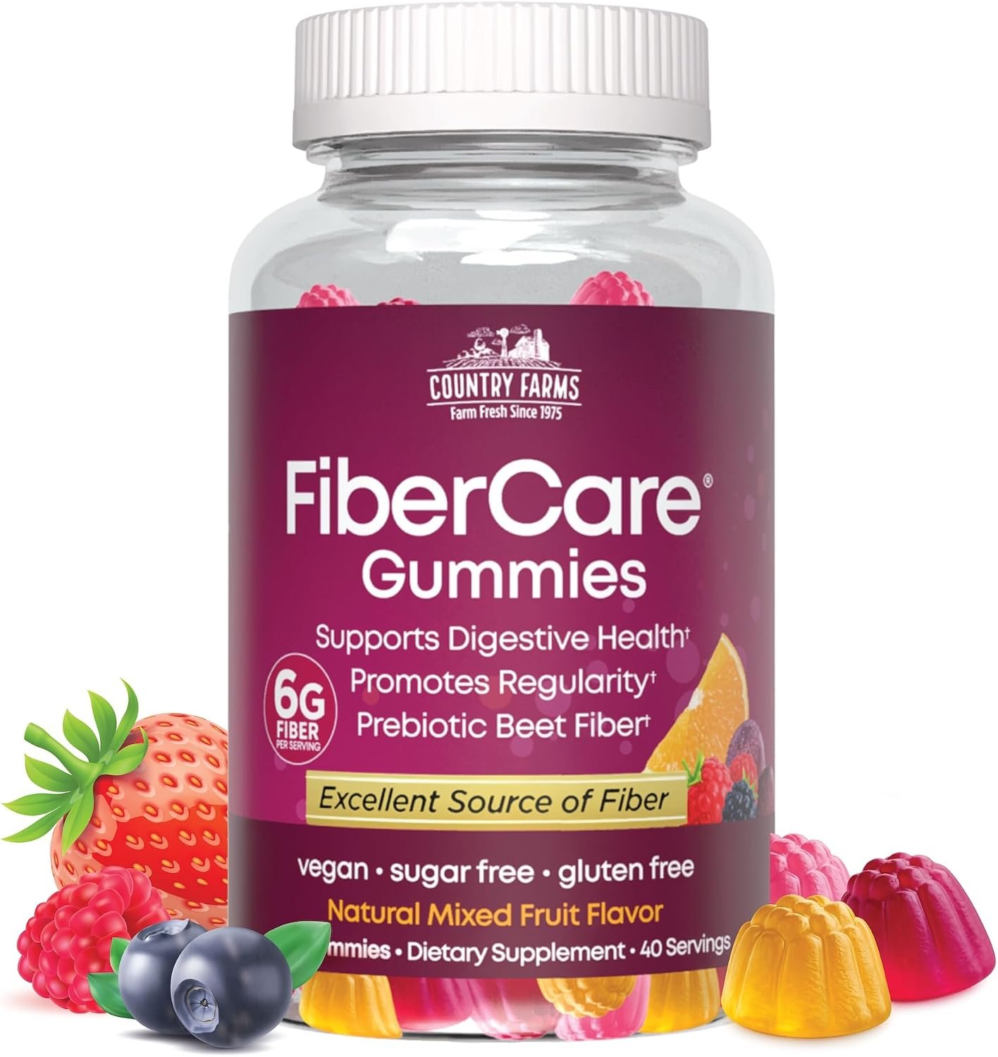 Country Farms Fiber Care Prebiotic Gummies, 6g of Fiber Per Serving, GLP-1 Booster, FOS from Beets, Digestive Health and Bloat, Supports Regularity, Mixed Fruit Flavor, 120 Gummies, 40 Servings