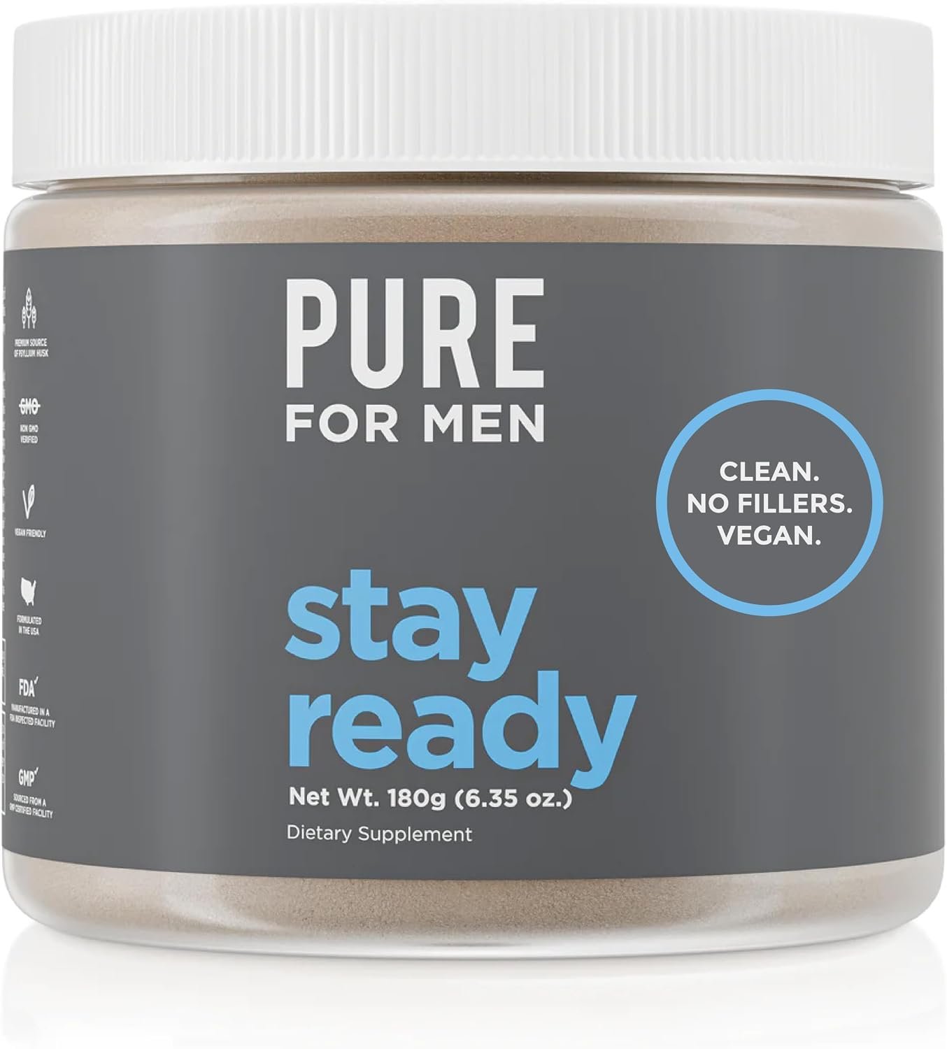 Pure for Men Stay Ready Fiber Supplement Powder, Psyllium Husk (180g Vegan)