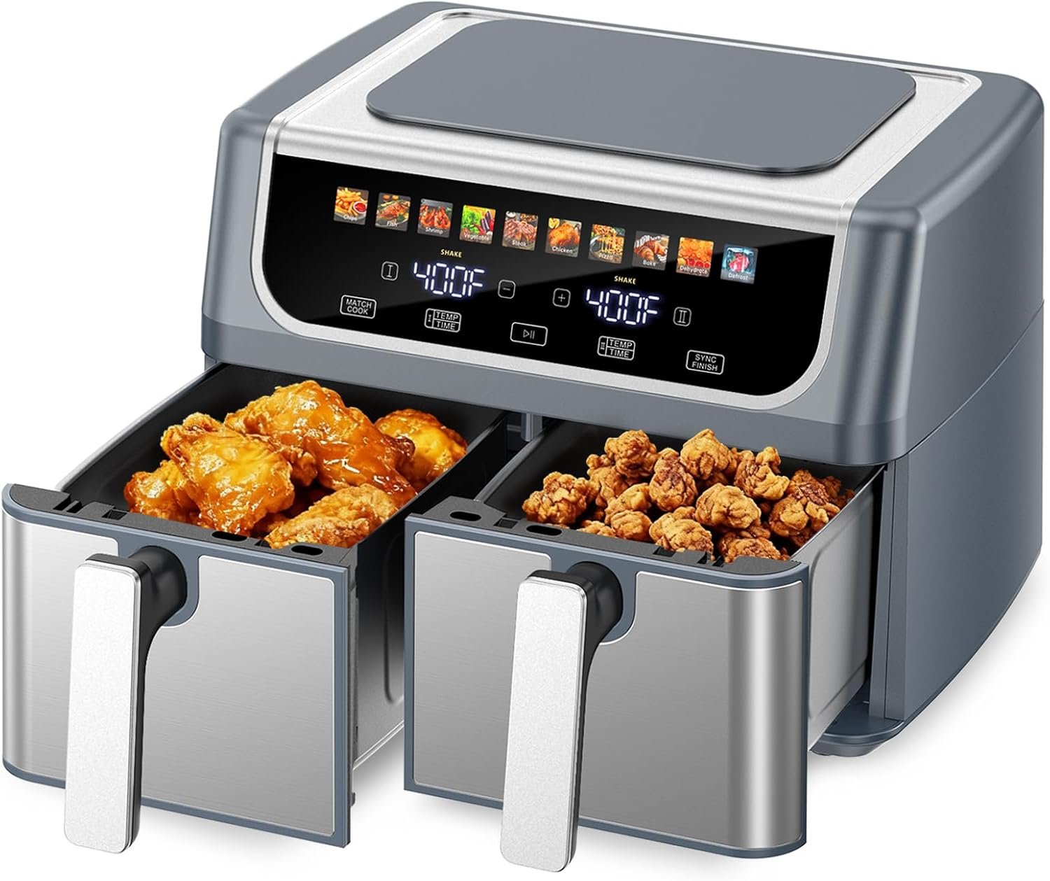 DUMOS 9.5 Quart Dual Basket Air Fryer, 10-in-1 Large Airfryer