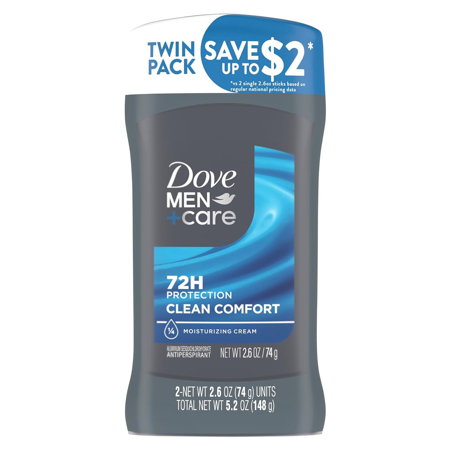 DOVE MEN + CARE Antiperspirant Deodorant Stick Clean Comfort Twin Pack 72-Hour Sweat & Odor Protection Antiperspirant for Men With 1/4 Moisturizing Cream 2.7 oz