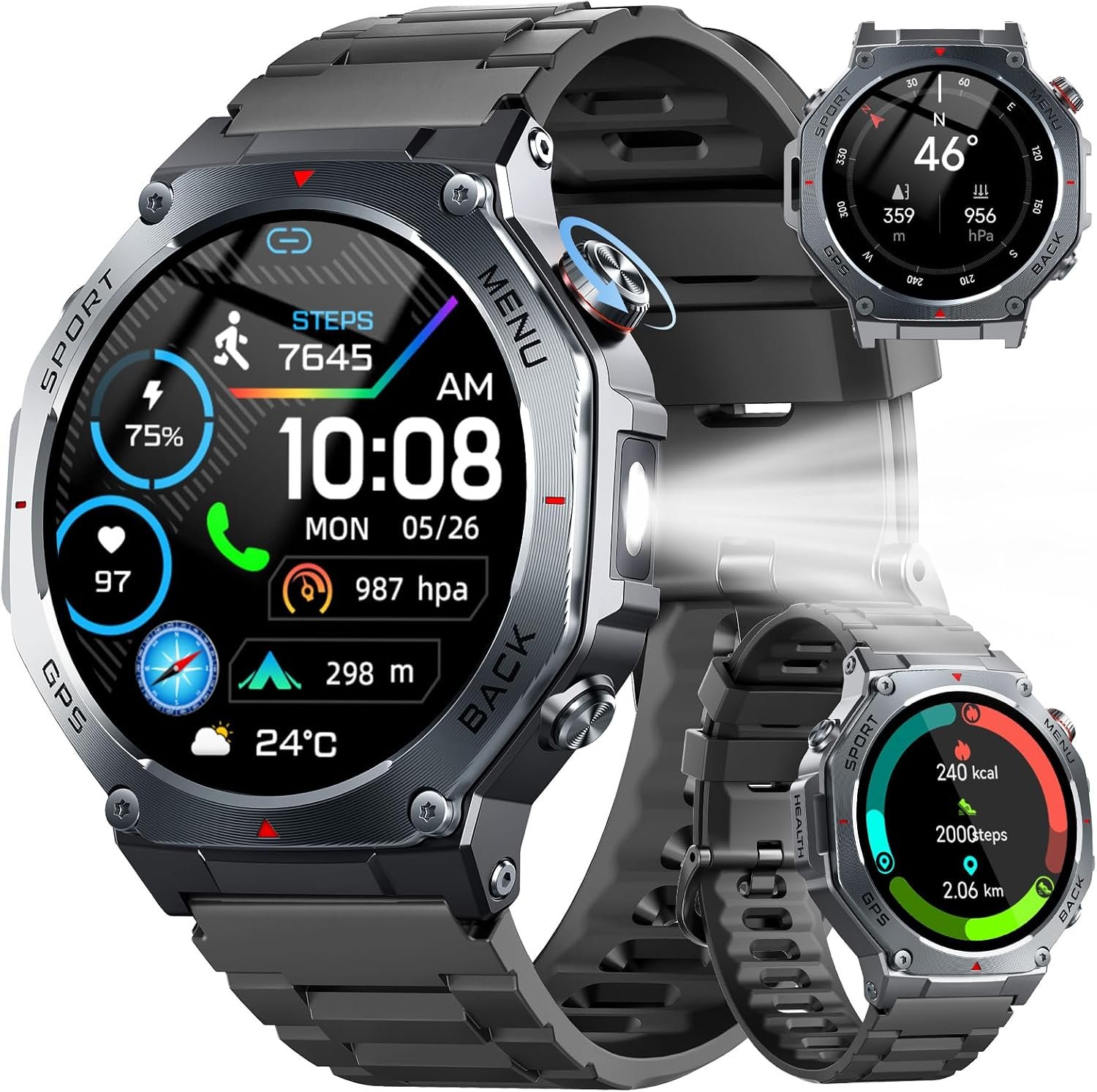 Jugeman Military Smart Watch for Men Built-in GPS with LED Flashlight