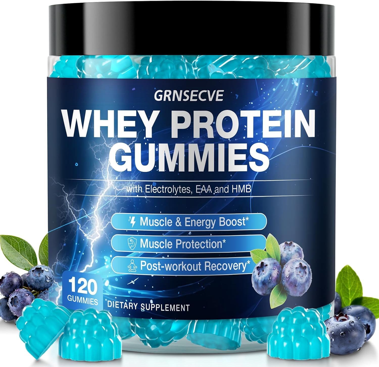 Whey Protein Gummies – High Protein Supplements 10g Per Serving for Muscle & Energy Support, Bone Health – Protein Gummy Rich in Electrolytes, EAA & HMB, Sugar Free, Blueberry Flavor, 120 Count