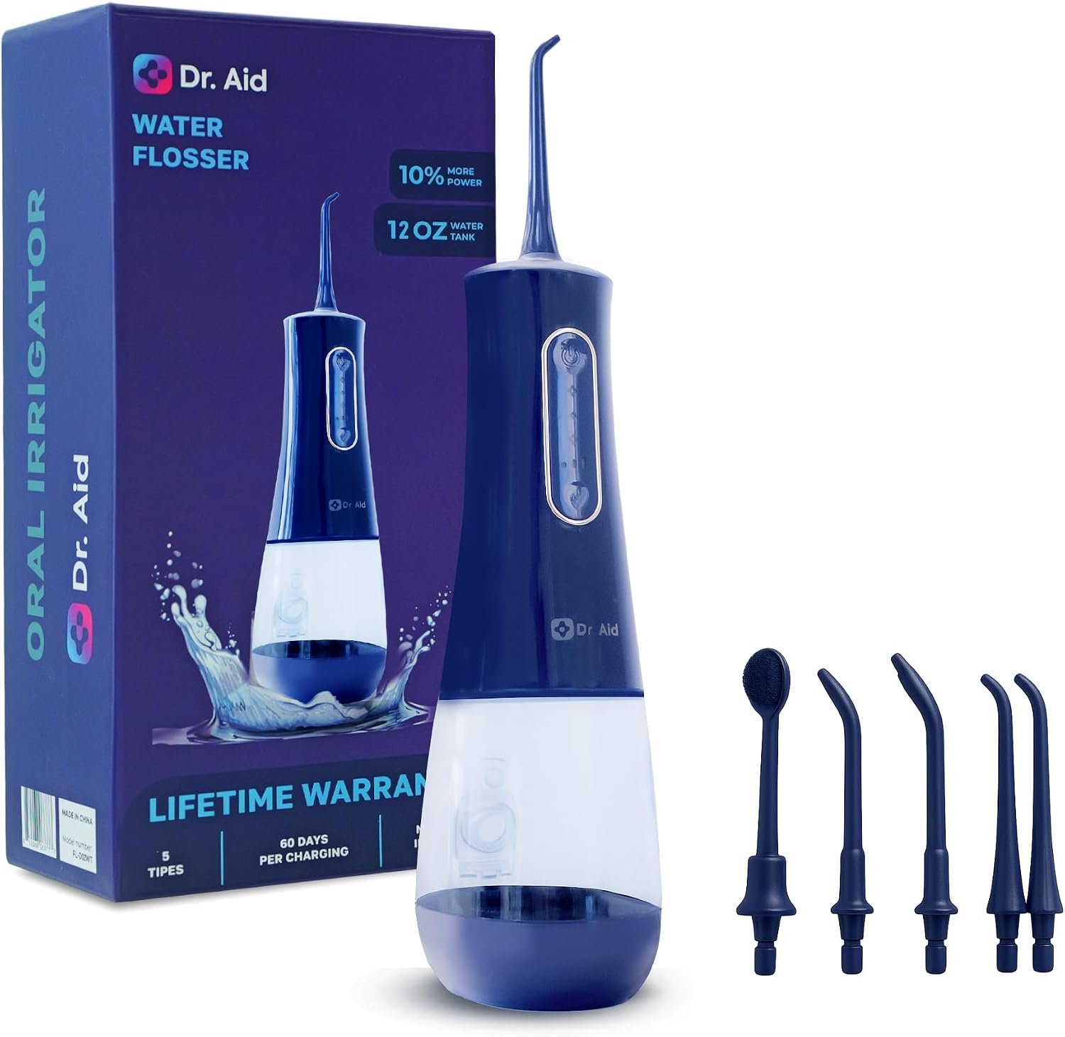 Dr. Aid Portable Water Flosser, 12Oz Tank, IPX8 Waterproof, Blue, 5 Tips