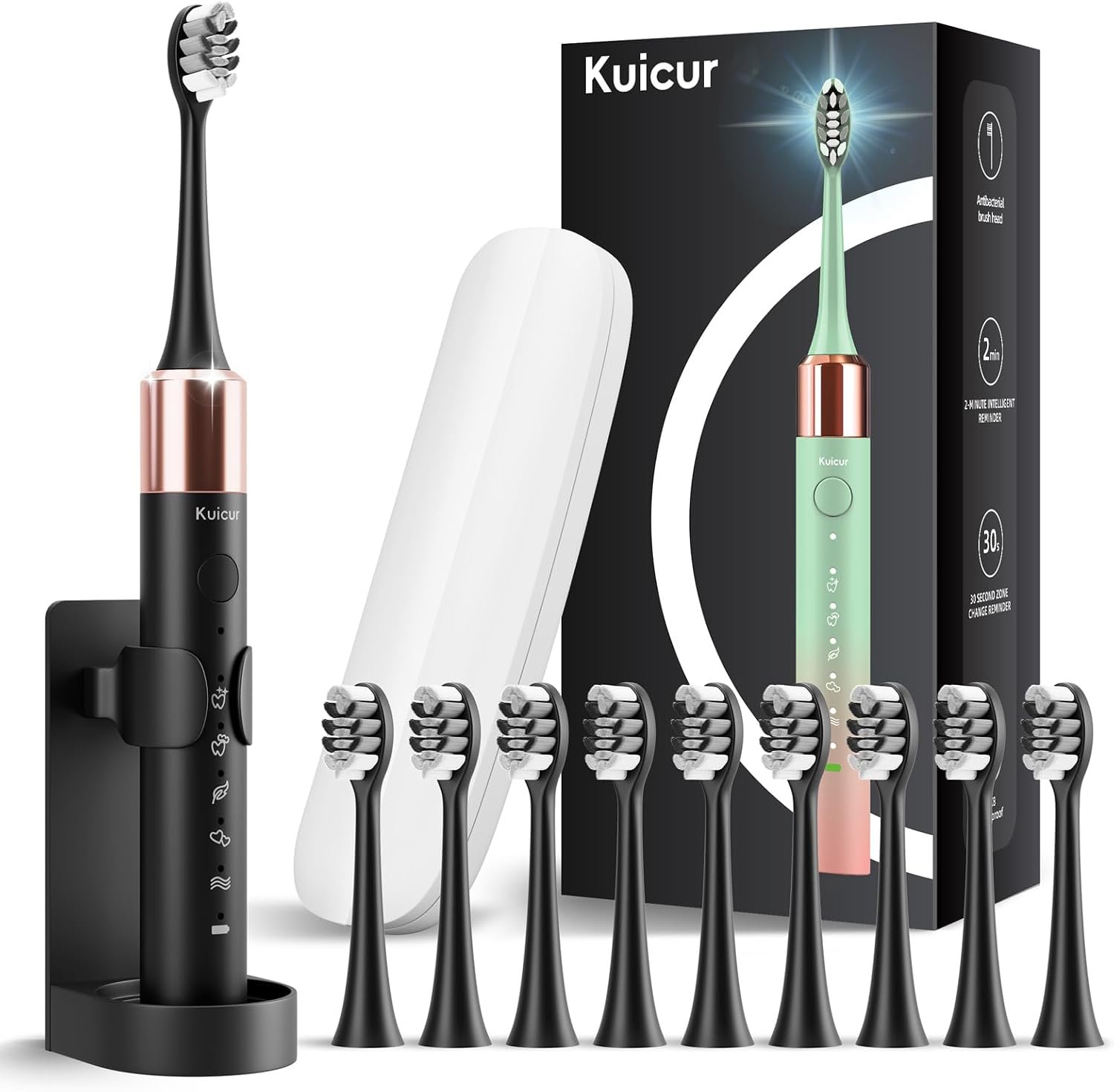 Kuicur Electric Toothbrush for Adults and Kids, Comes with 10 Brush Heads & Travel Case, 5 Modes with 2 Minutes Built in Smart Timer, One Charge for 90 Days, 42,000 VPM Motor (Black)
