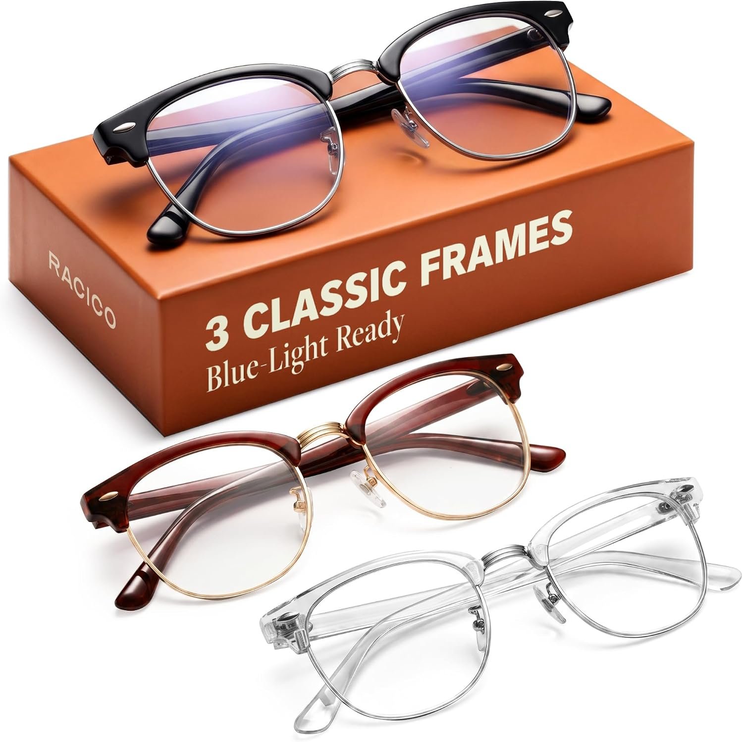 racico Blue Light Glasses for Men Computer – Gaming Blocking Anti Eyestrain UV Clear Lens Vintage Half Frame Fake Eyeglasses
