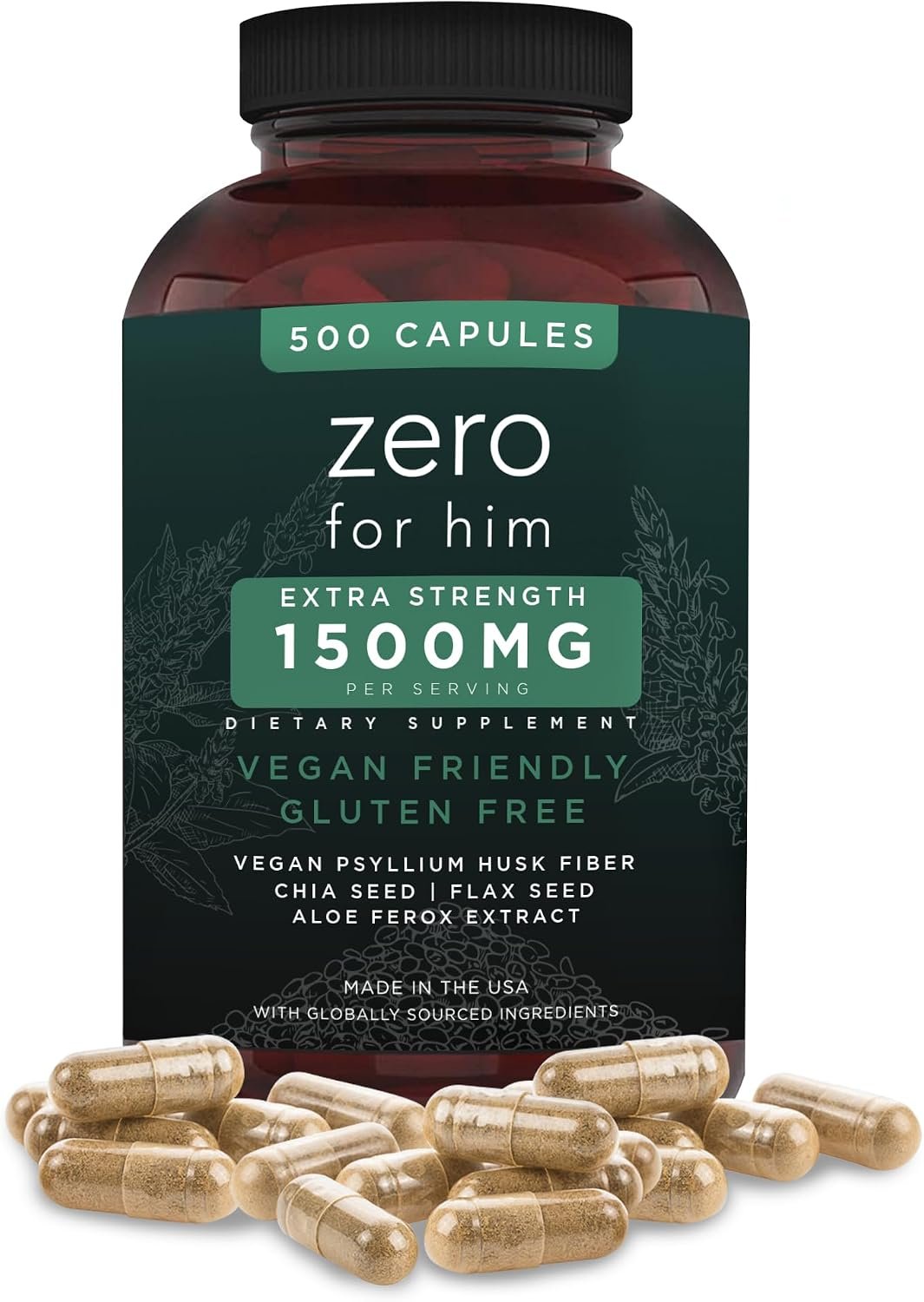 California Basics Fiber Supplements for Men (500 Count) – Daily Dietary Chia Flaxseed Psyllium Husk Vegan Capsules – High Fiber Supplement Pills Zero for Him Extra Strength Pills