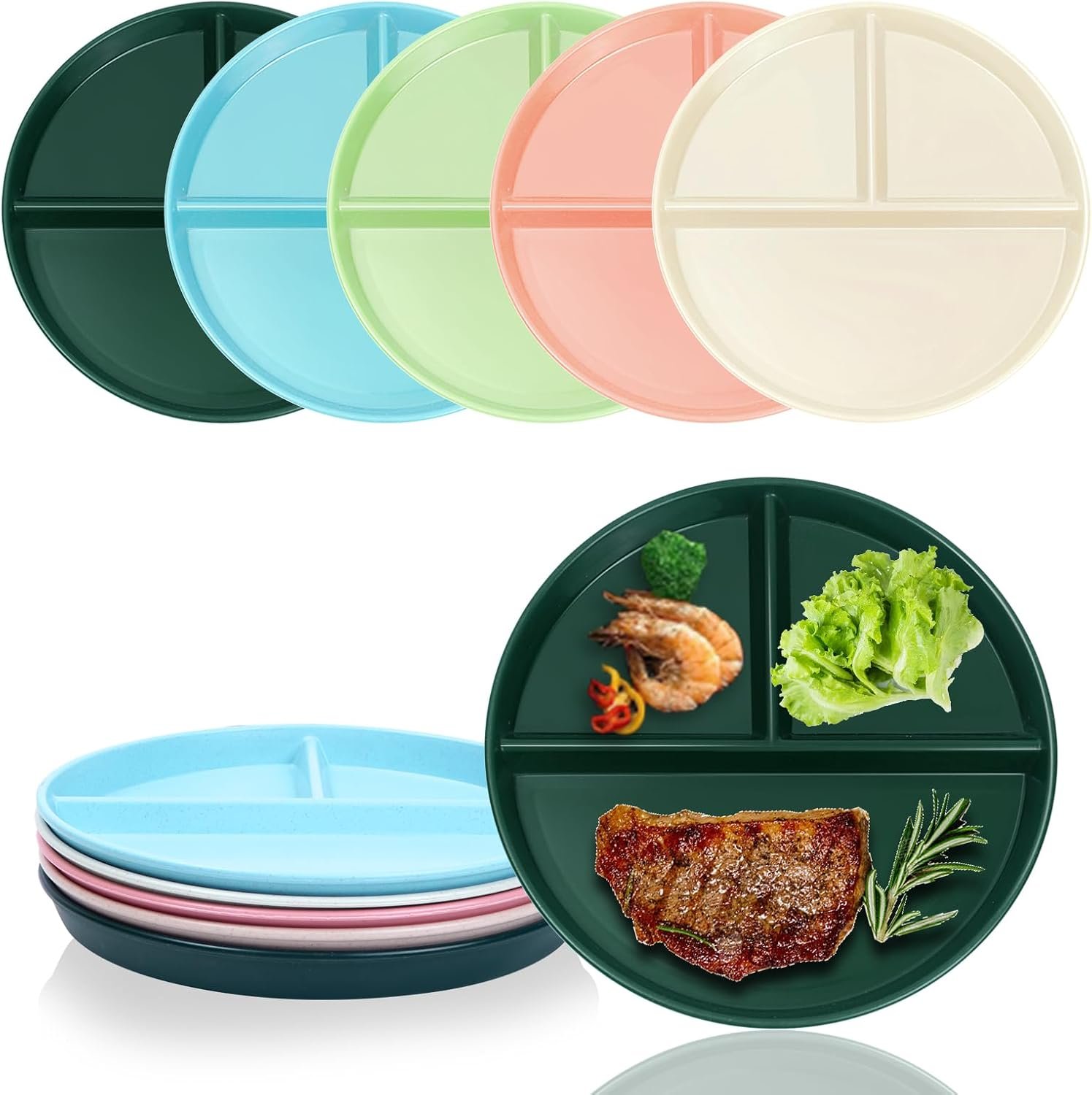 Portion Control Plate For Weight loss 9Inch 5PS, Reusable Wheat Straw Round Plastic Divided Dinner Plates, Microwave And Dishwasher Safe, Suitable For Kids And Adults